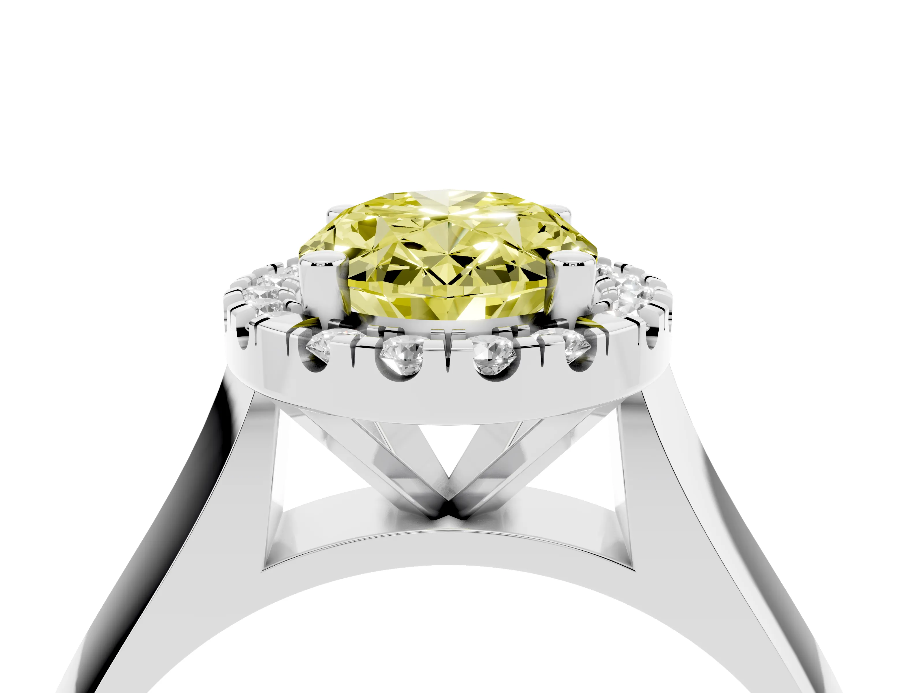 Fancy Yellow Oval Cut Diamond Halo Solitaire Engagement Ring Set in Silver with Square Band and Prong Setting