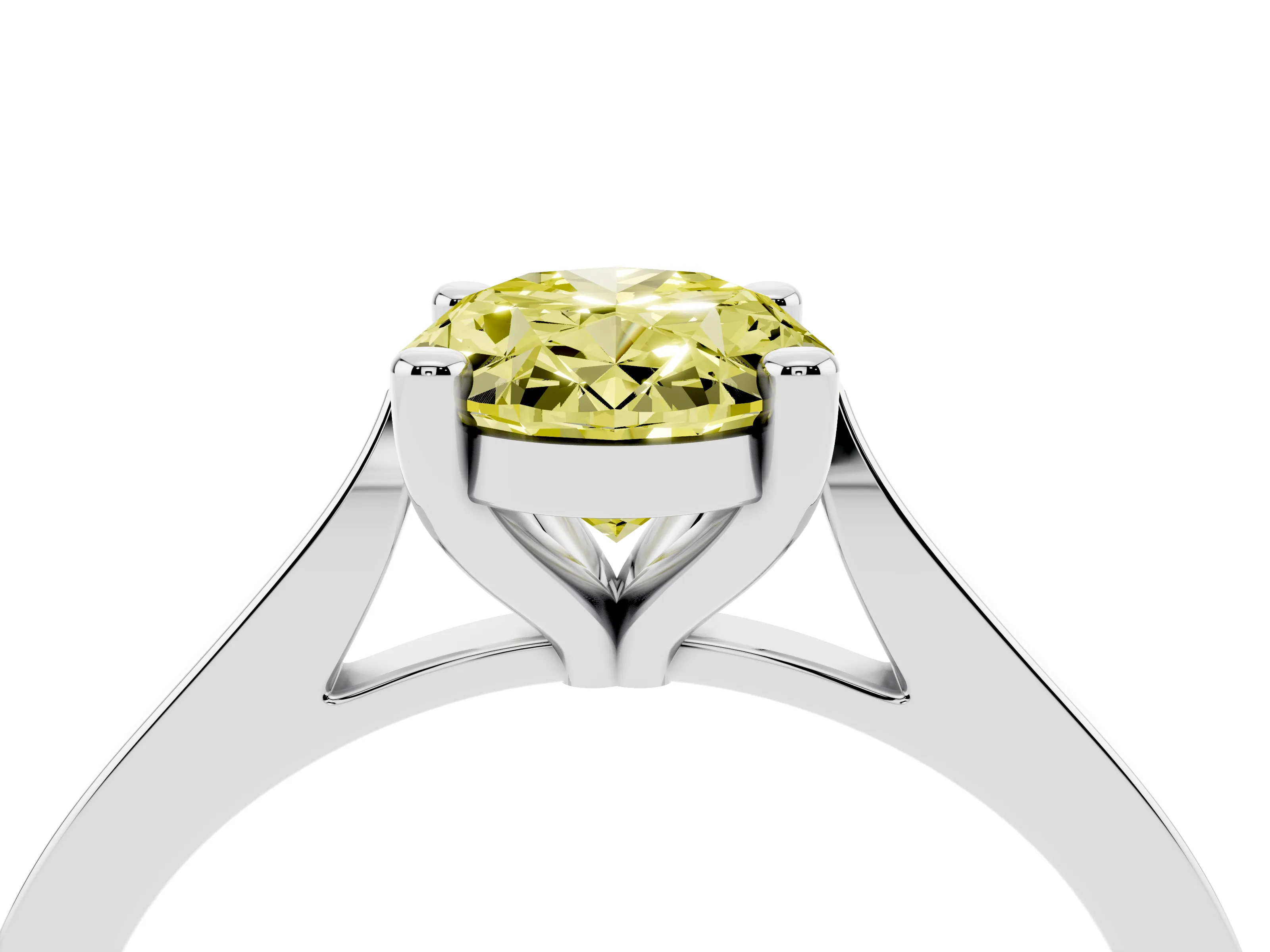 Fancy Yellow Oval Cut Diamond Solitaire Ring Set in Platinum with Prong Setting and Tapered Band