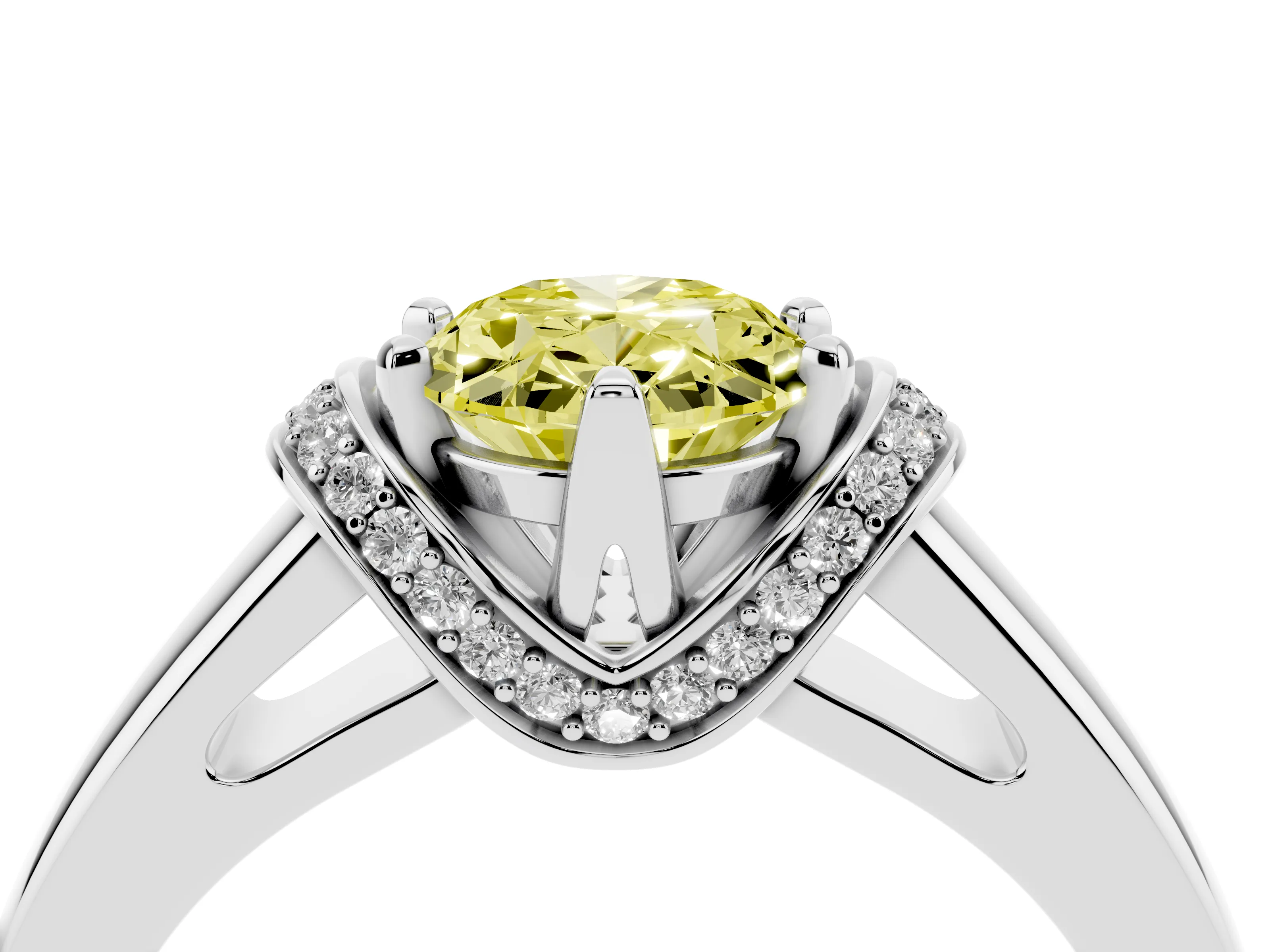 Fancy Yellow Oval Cut Diamond Pavé Band Solitaire Ring Set in Silver with Prong Setting