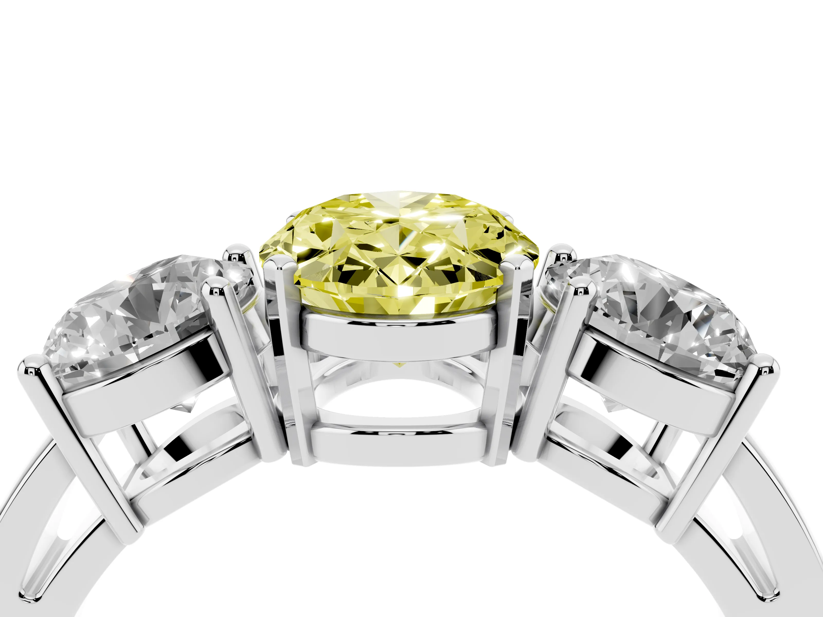 Fancy Yellow Oval Cut Diamond Three-Stone Ring Set in Silver with Round Side Stones and Classic Band