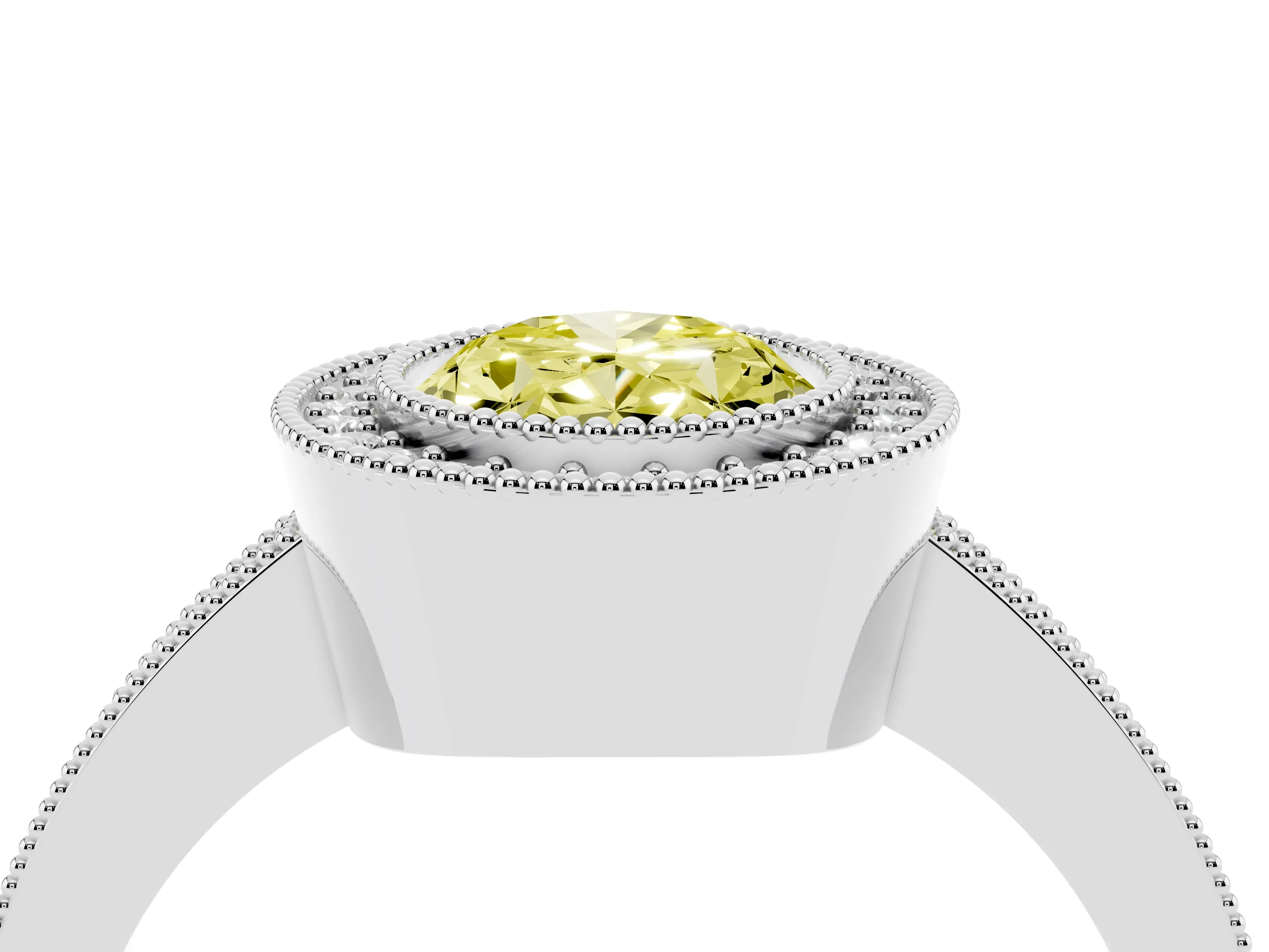 Fancy Yellow Oval Cut Diamond Halo Engagement Ring Set in White gold with Pavé Band and Round Halo Stones