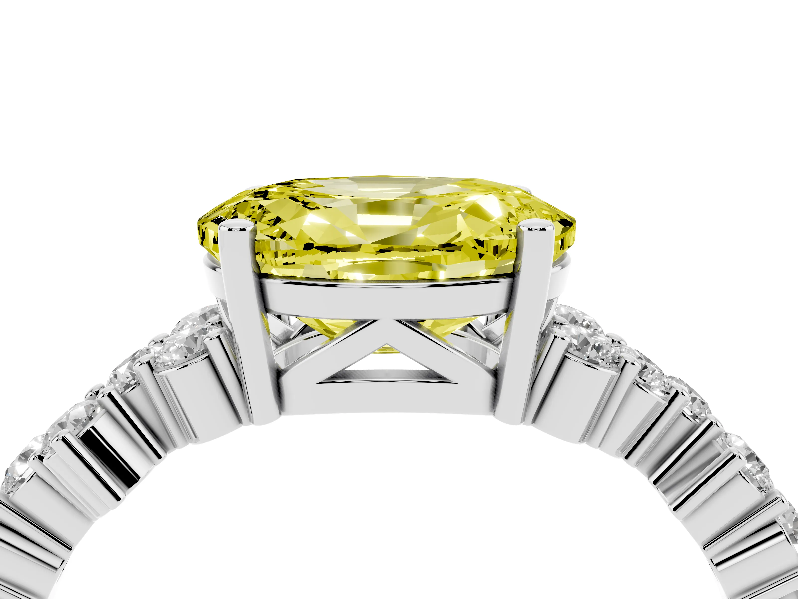 Fancy Yellow Oval Cut Diamond Ring Set in White gold with Scattered Round Accents