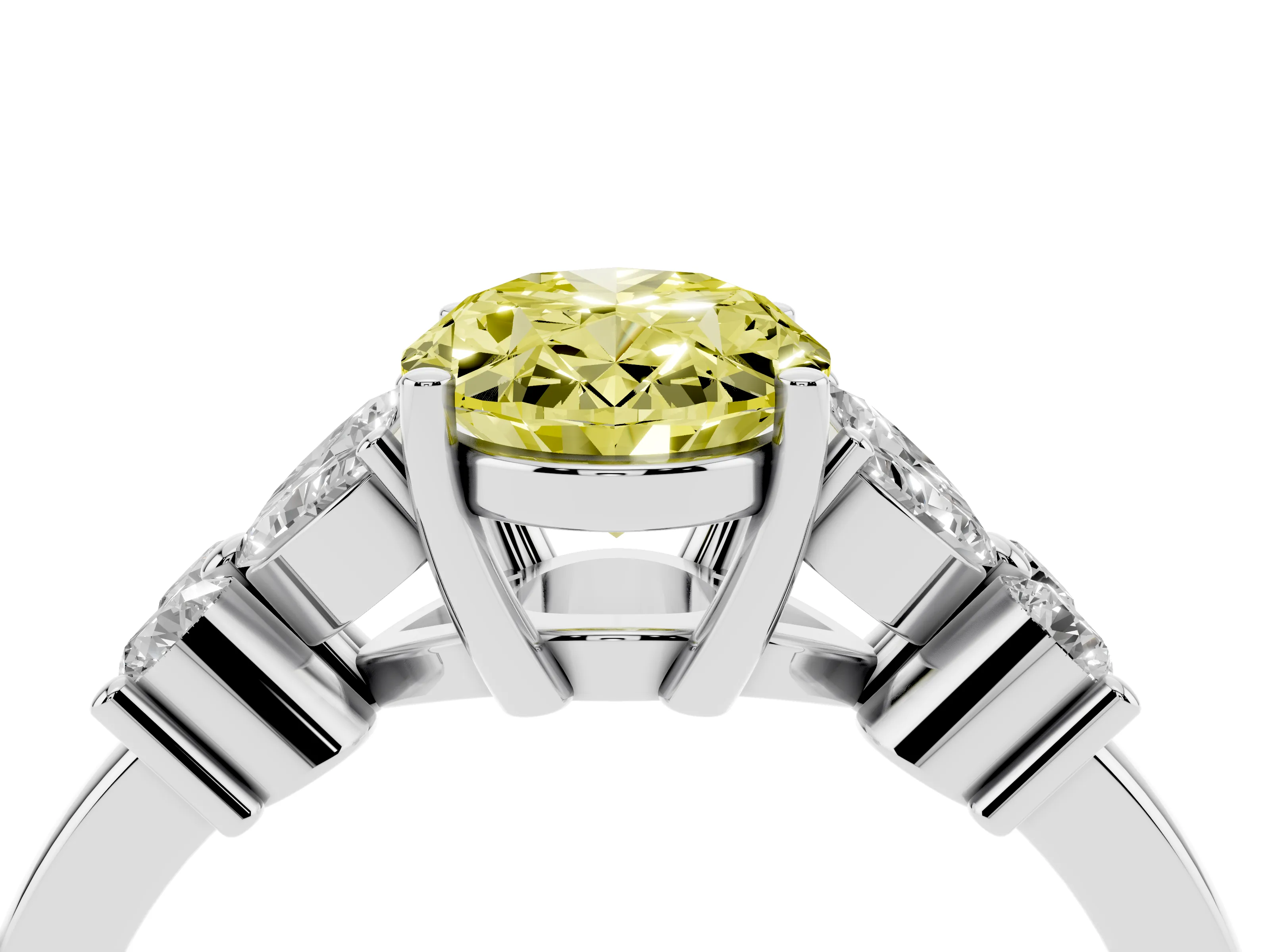Fancy Yellow Oval Cut Diamond Floral Cluster Ring Set in Platinum with Marquise Petals and Prong Setting