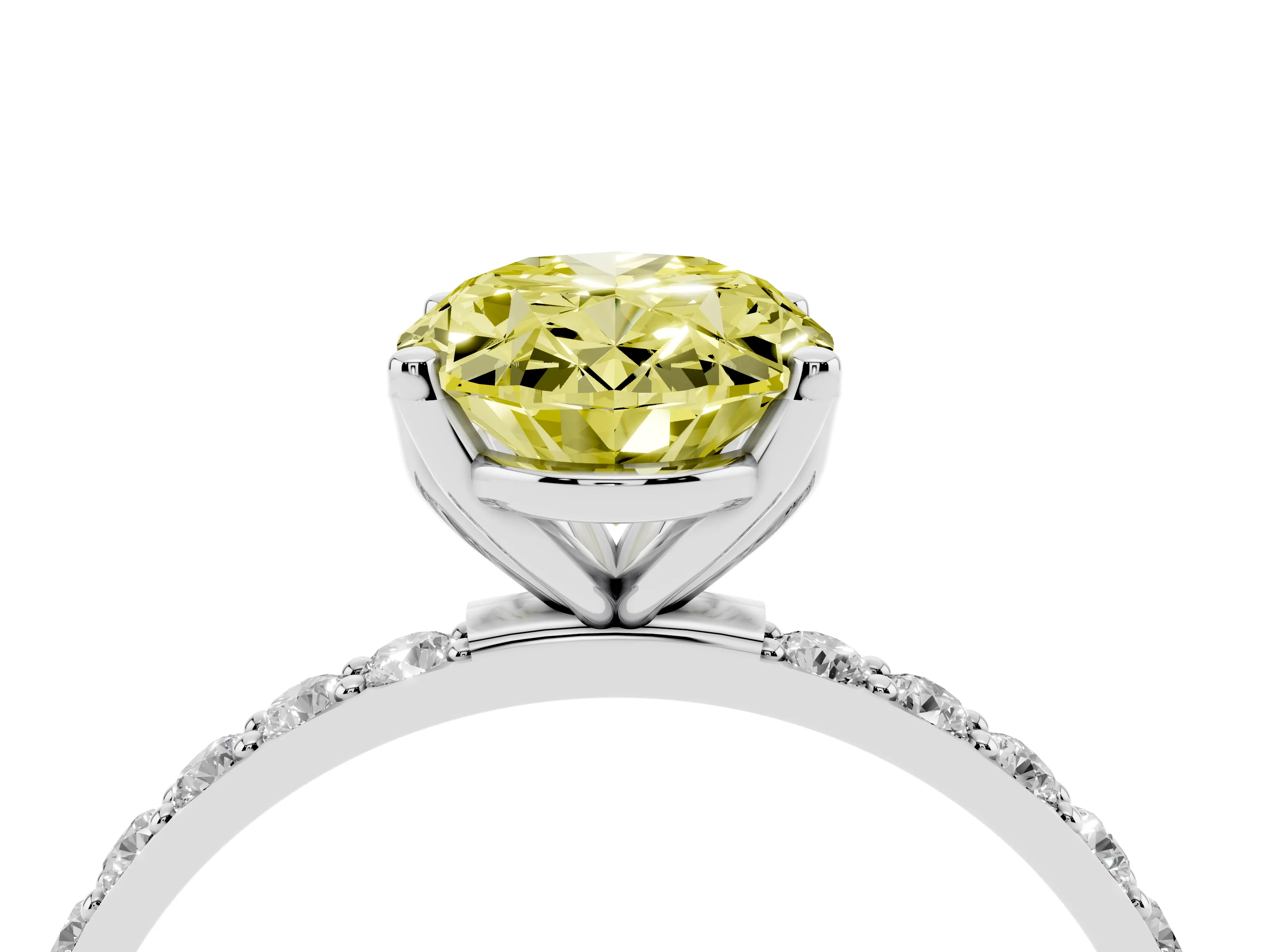 Fancy Yellow Oval Cut Diamond Solitaire Engagement Ring Set in Platinum with Round Pavé Band and Prong Setting