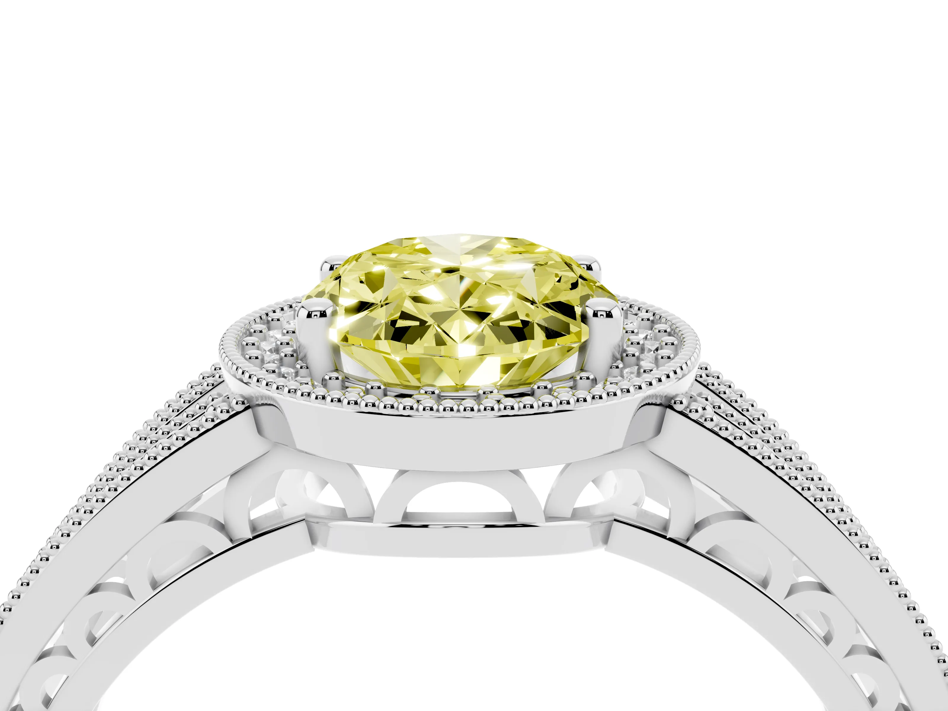 Fancy Yellow Oval Cut Diamond Halo Ring Set in Platinum with Accent Split Shank and Prong Setting