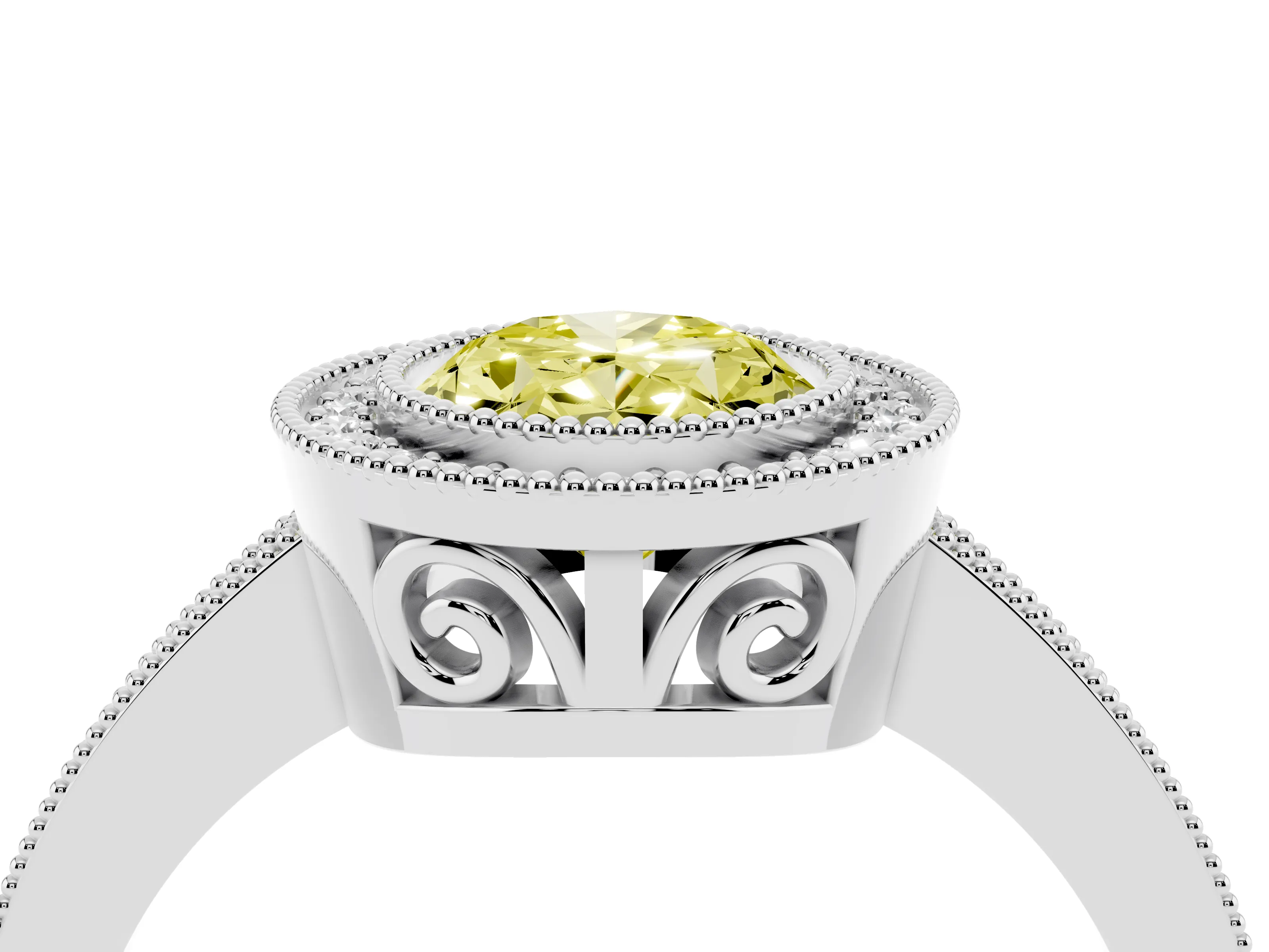 Fancy Yellow Oval Cut Diamond Round Halo Ring Set in White gold with Pavé Band