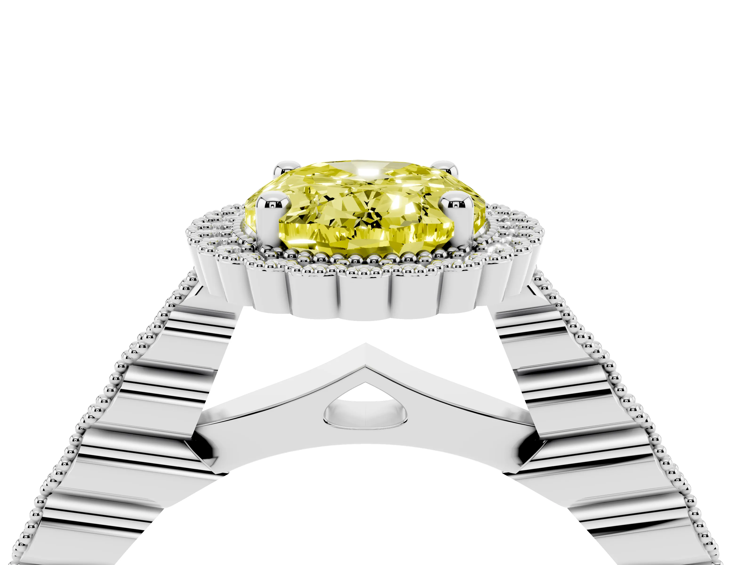 Fancy Yellow Oval Cut Diamond Halo Ring Set in Platinum with Pavé Milgrain Band