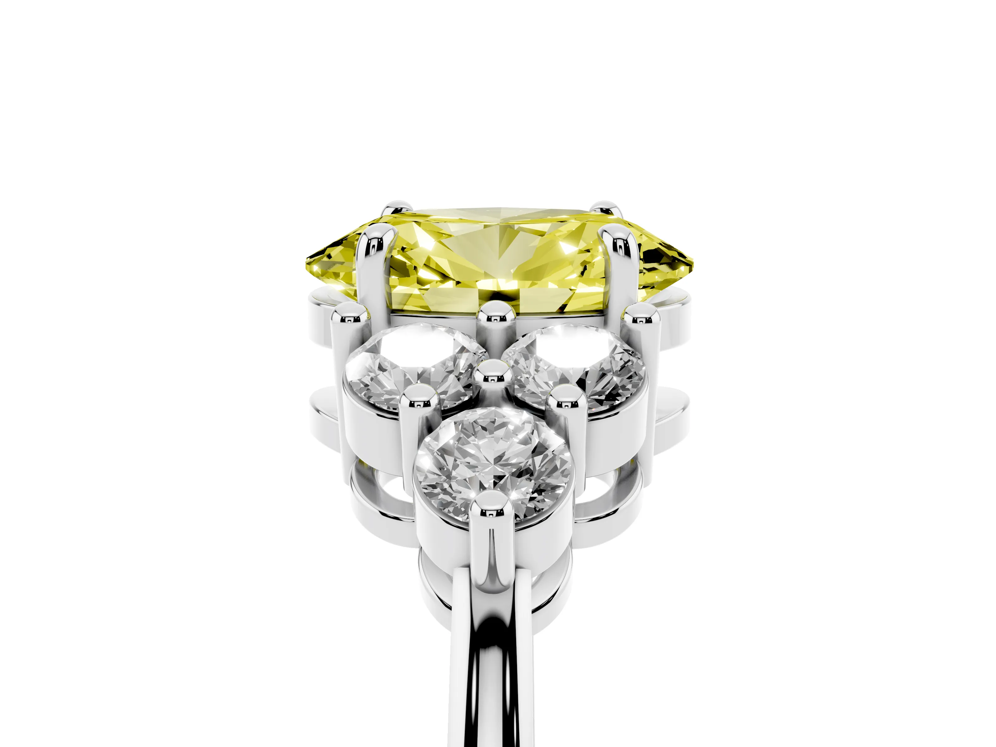 Fancy Yellow Oval Cut Diamond Solitaire Ring Set in Silver with Cluster Accents on Each Side