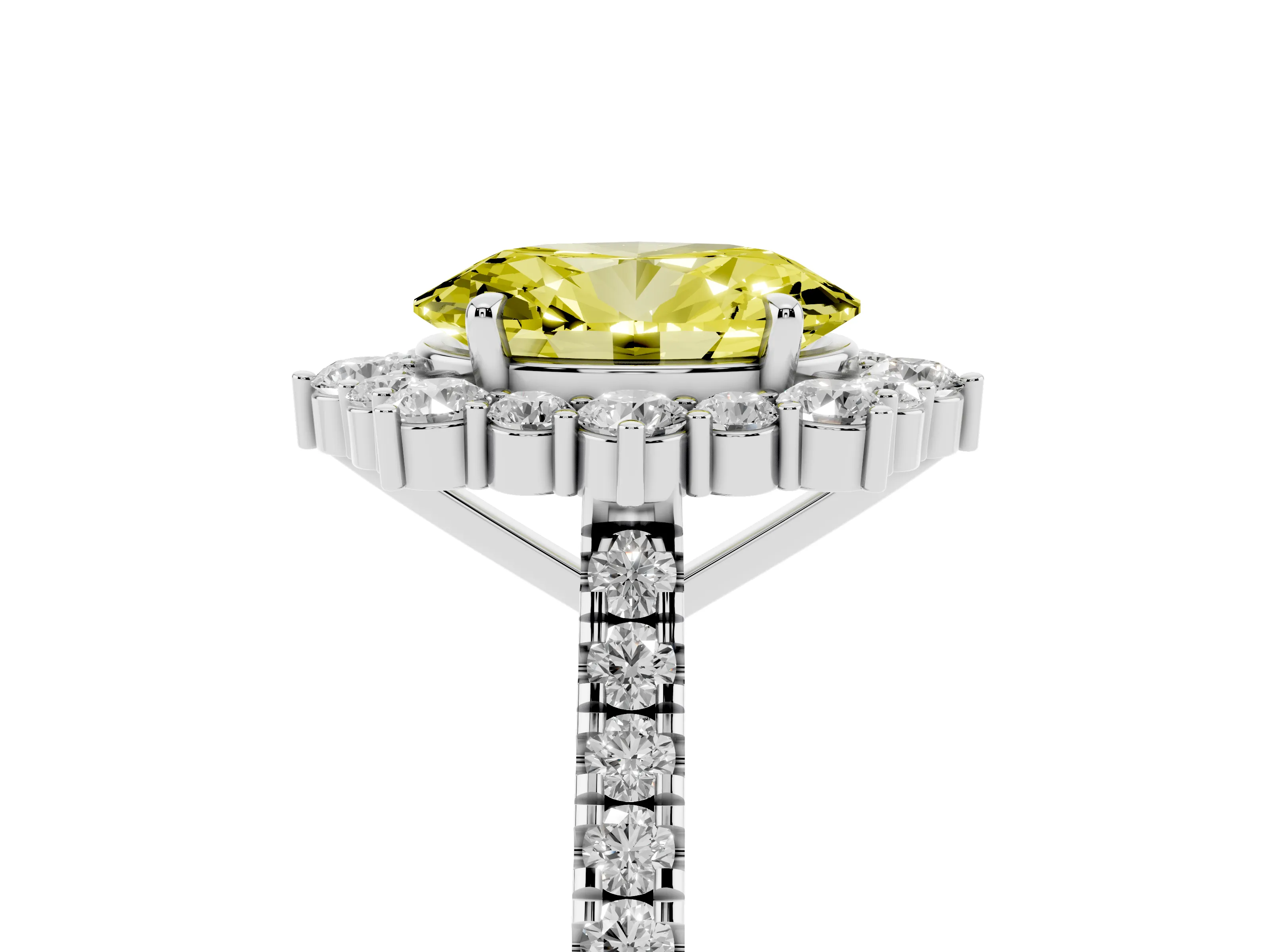 Fancy Yellow Oval Cut Diamond Halo Ring Set in Silver with Pavé Band and Prong Setting