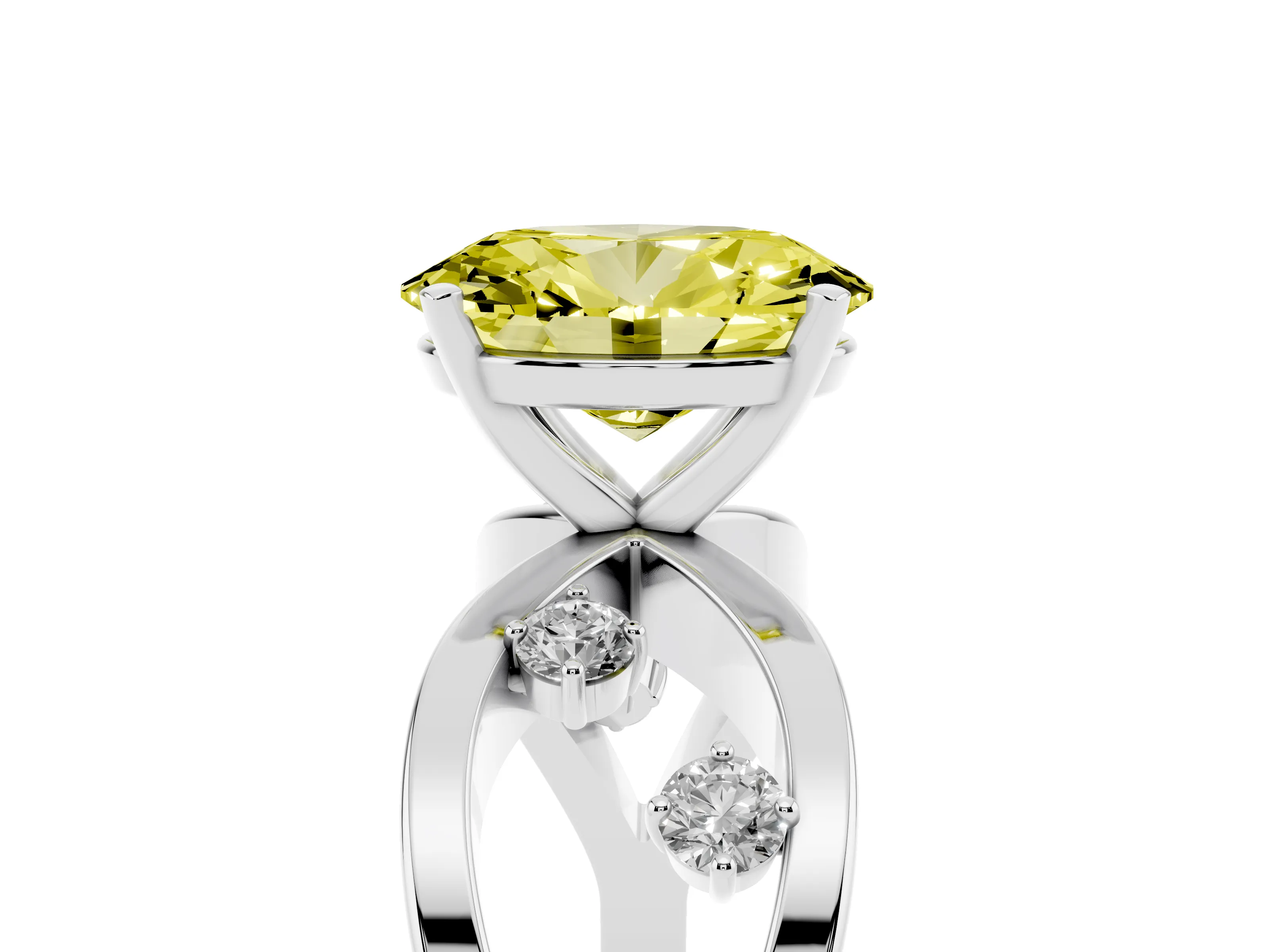 Fancy Yellow Oval Cut Diamond Solitaire Ring Set in White gold with Side Stones on Criss-Cross Band and Prong Setting