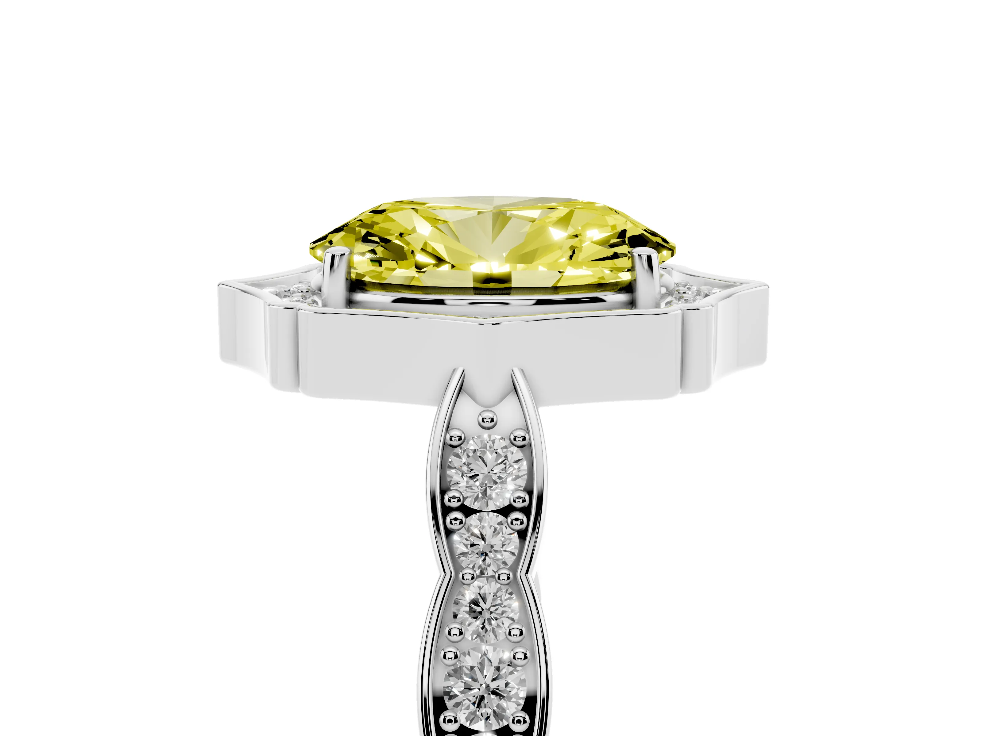 Fancy Yellow Oval Cut Diamond Halo Engagement Ring Set in White gold with Milgrain Band and Prong Setting