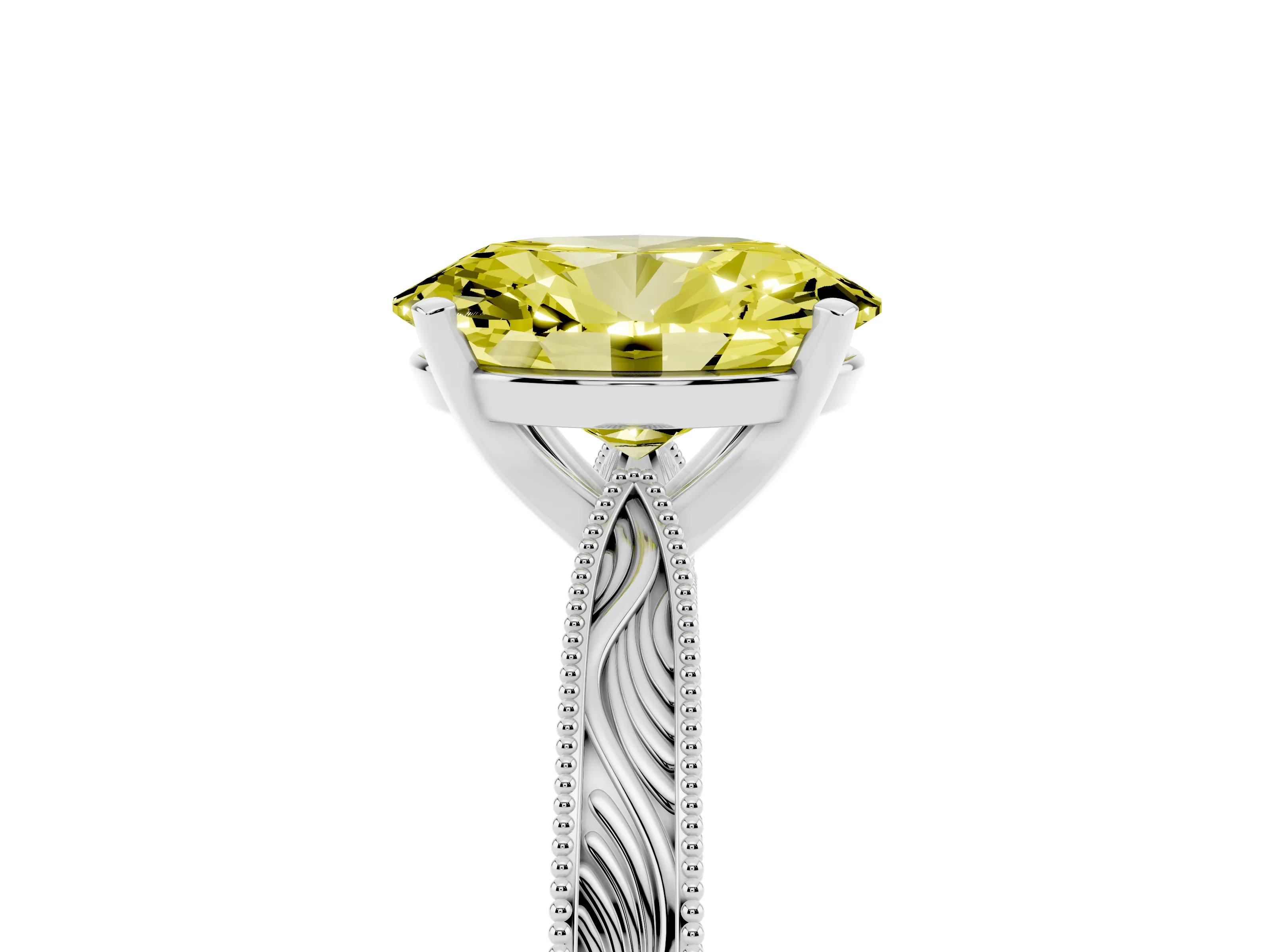 Fancy Yellow Oval Cut Diamond Solitaire Milgrain Engraved Band Set in White gold with Prong Setting