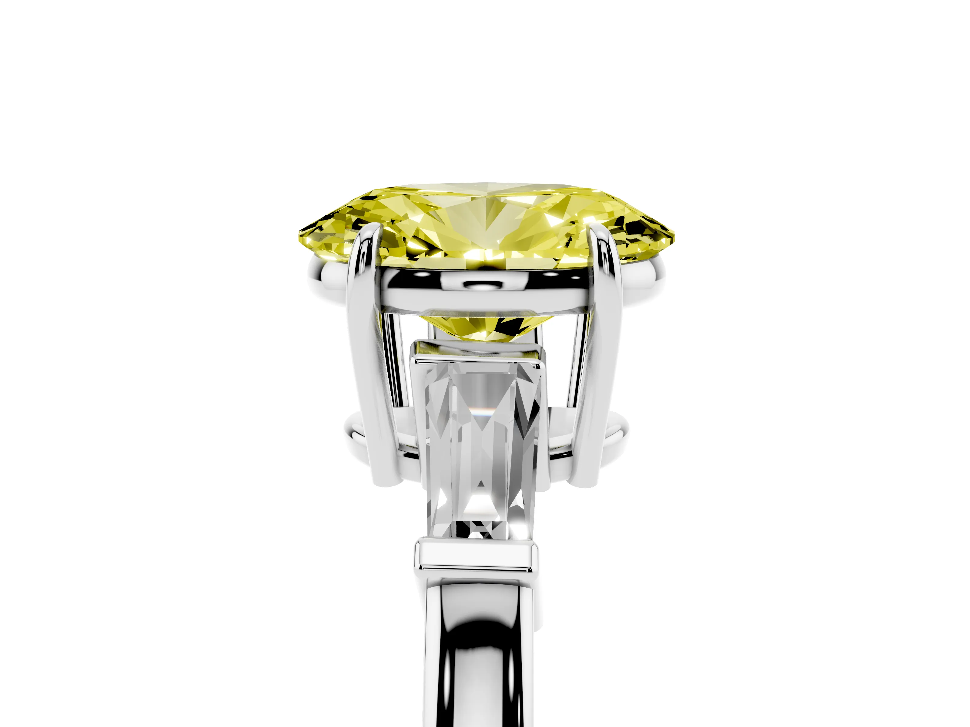 Fancy Yellow Oval Cut Diamond Three-Stone Ring Set in Silver with Tapered Baguette Side Stones and Prong Setting