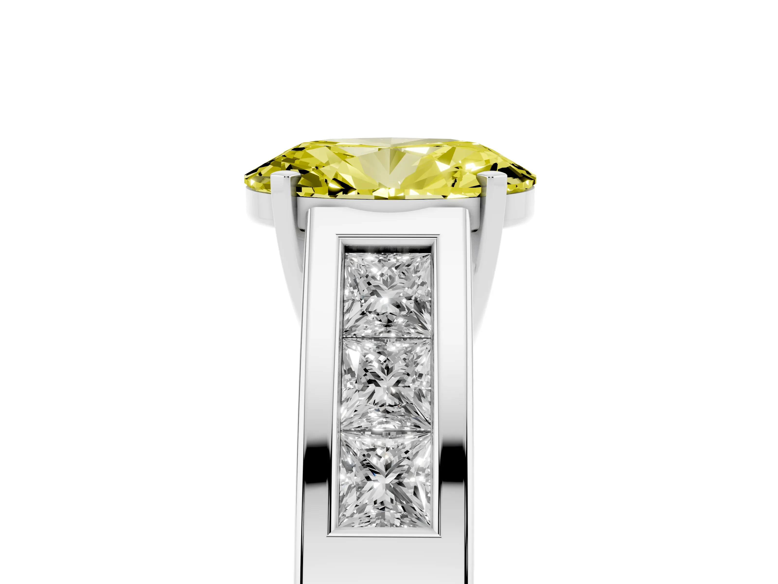 Fancy Yellow Oval Cut Diamond Solitaire Ring Set in Silver with Channel-Set Accent Stones and Prong Setting
