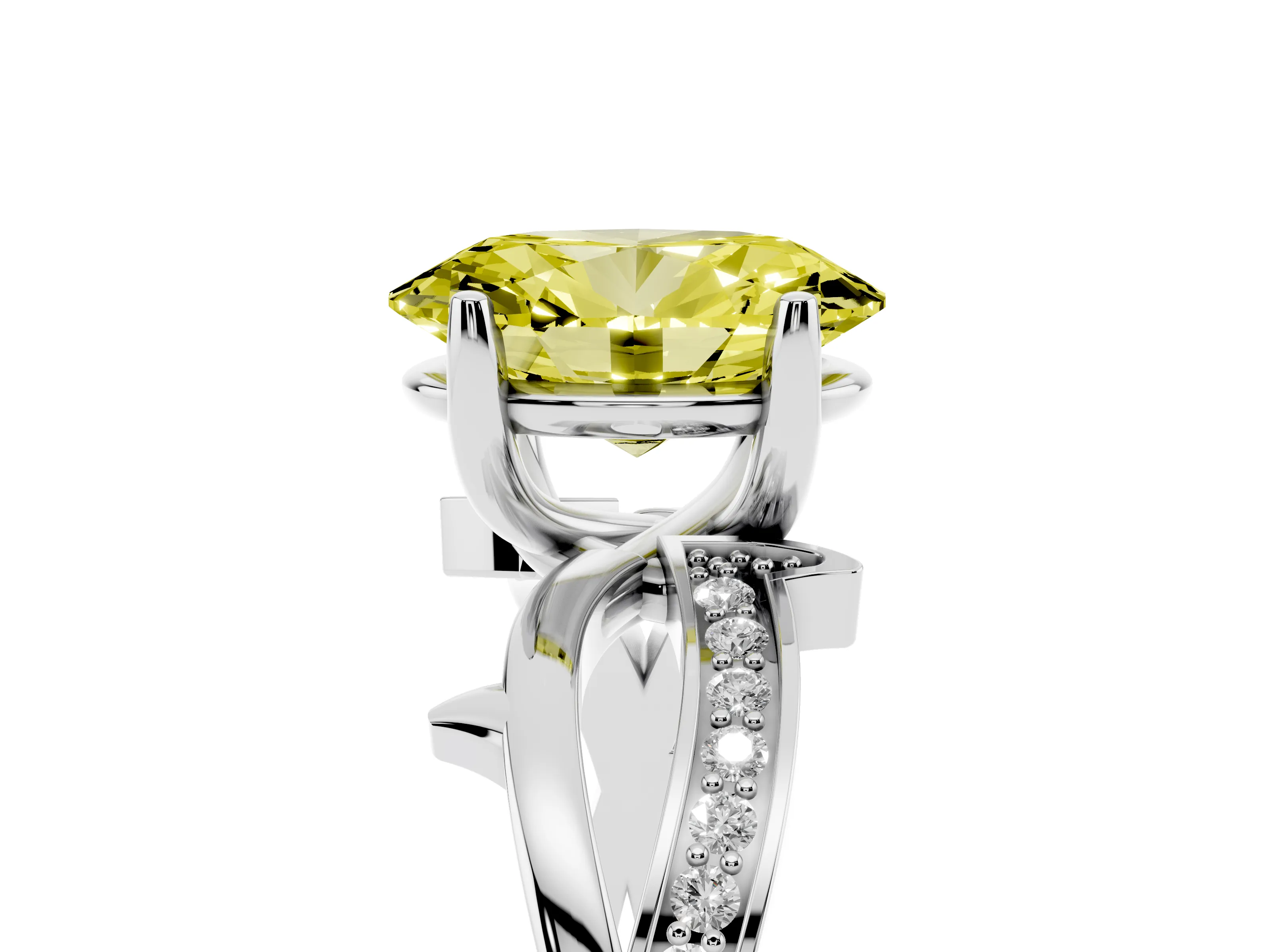 Fancy Yellow Oval Cut Diamond Pavé Twist Band Solitaire Ring Set in Platinum with Prong Setting