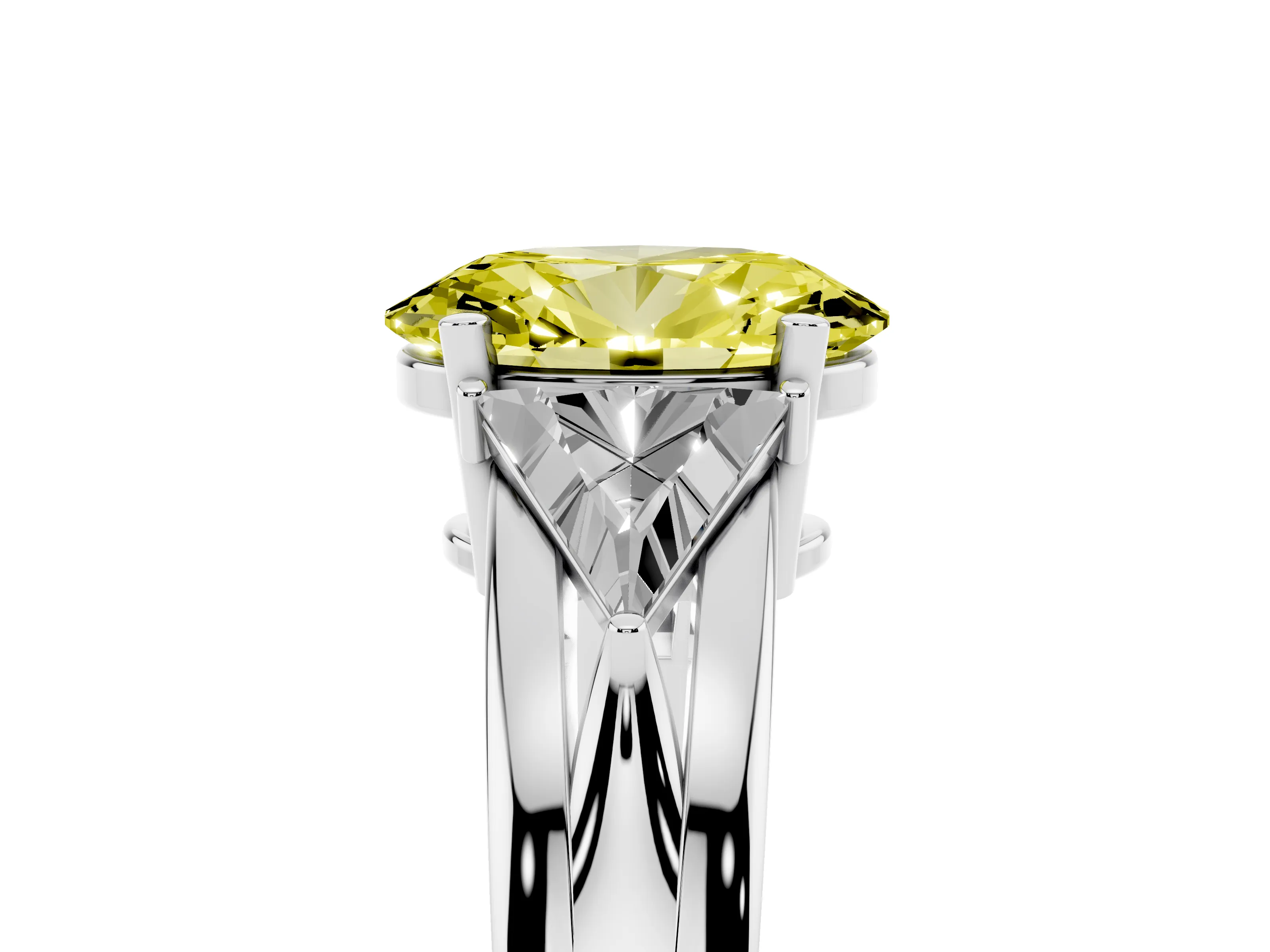 Fancy Yellow Oval Cut Diamond Three-Stone Ring Set in White gold with Trillion Side Stones and Split Shank