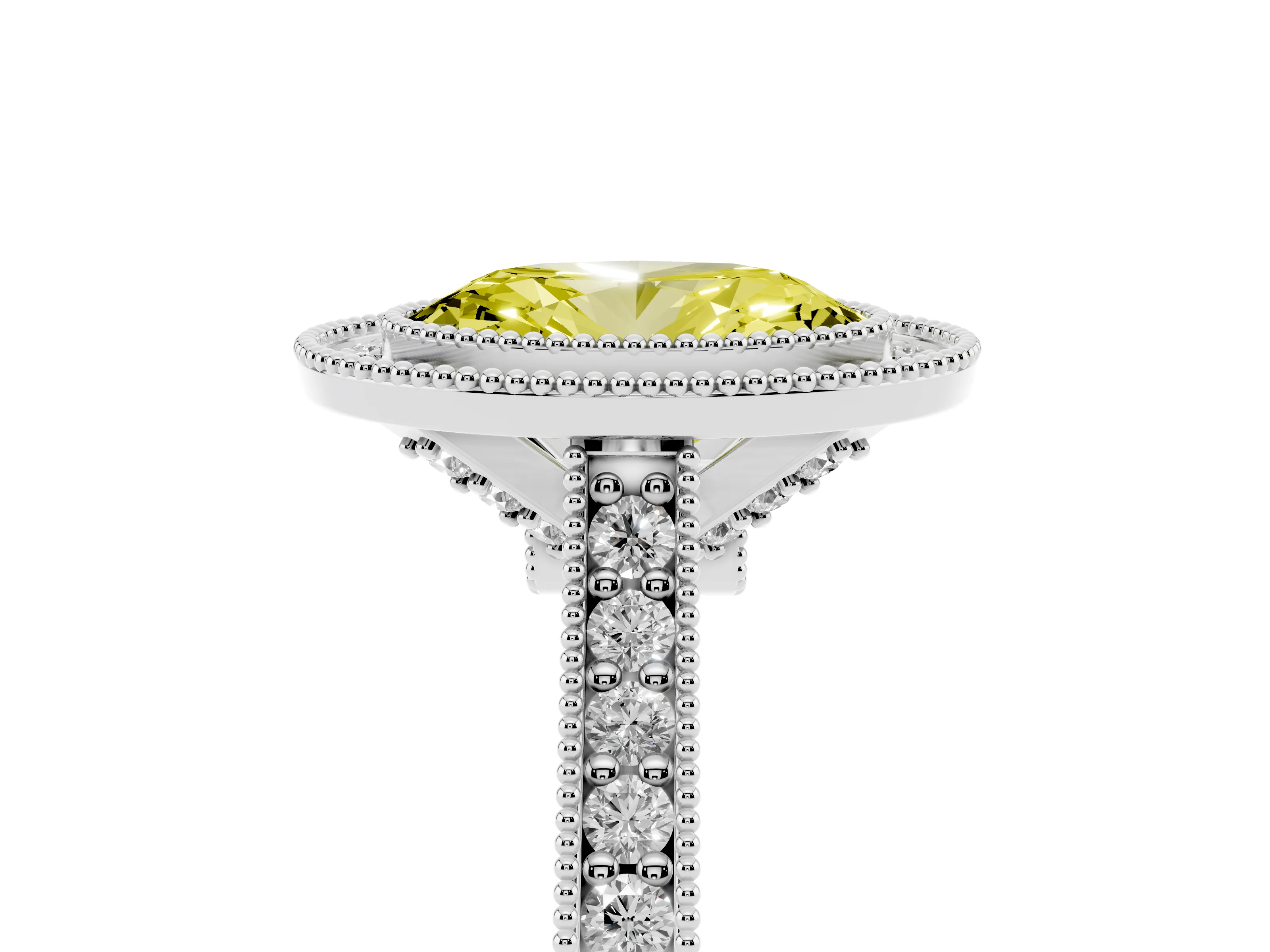 Fancy Yellow Oval Cut Diamond Halo Milgrain Pavé Band Ring Set in Silver with Prong Setting