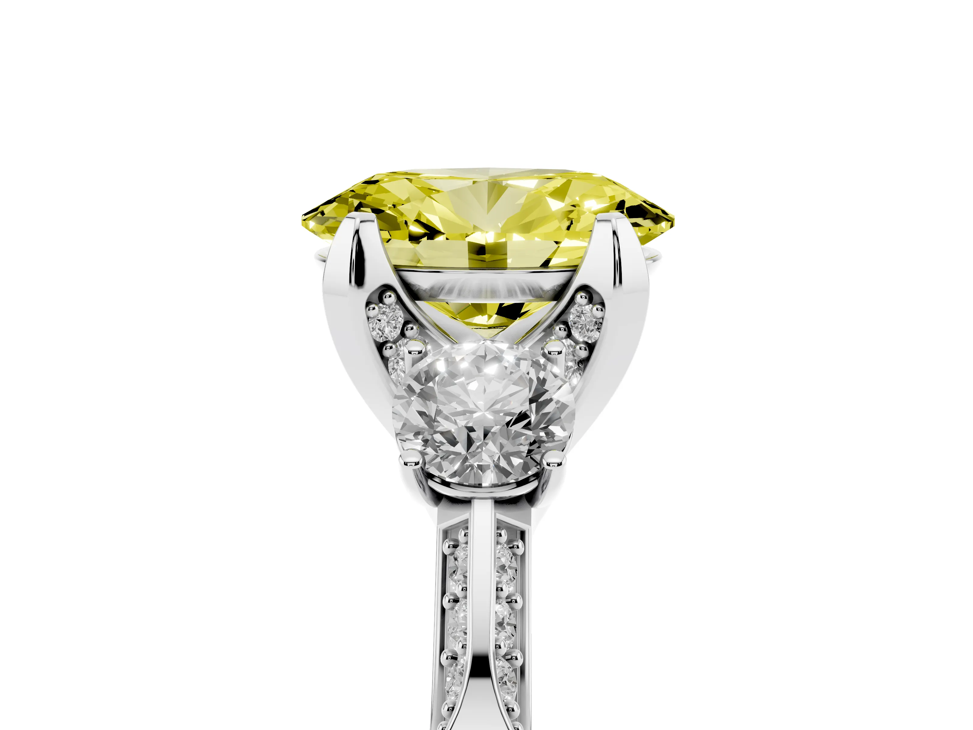 Fancy Yellow Oval Cut Diamond Three-Stone Ring Set in Silver with Pavé Band and Smaller Side Stones