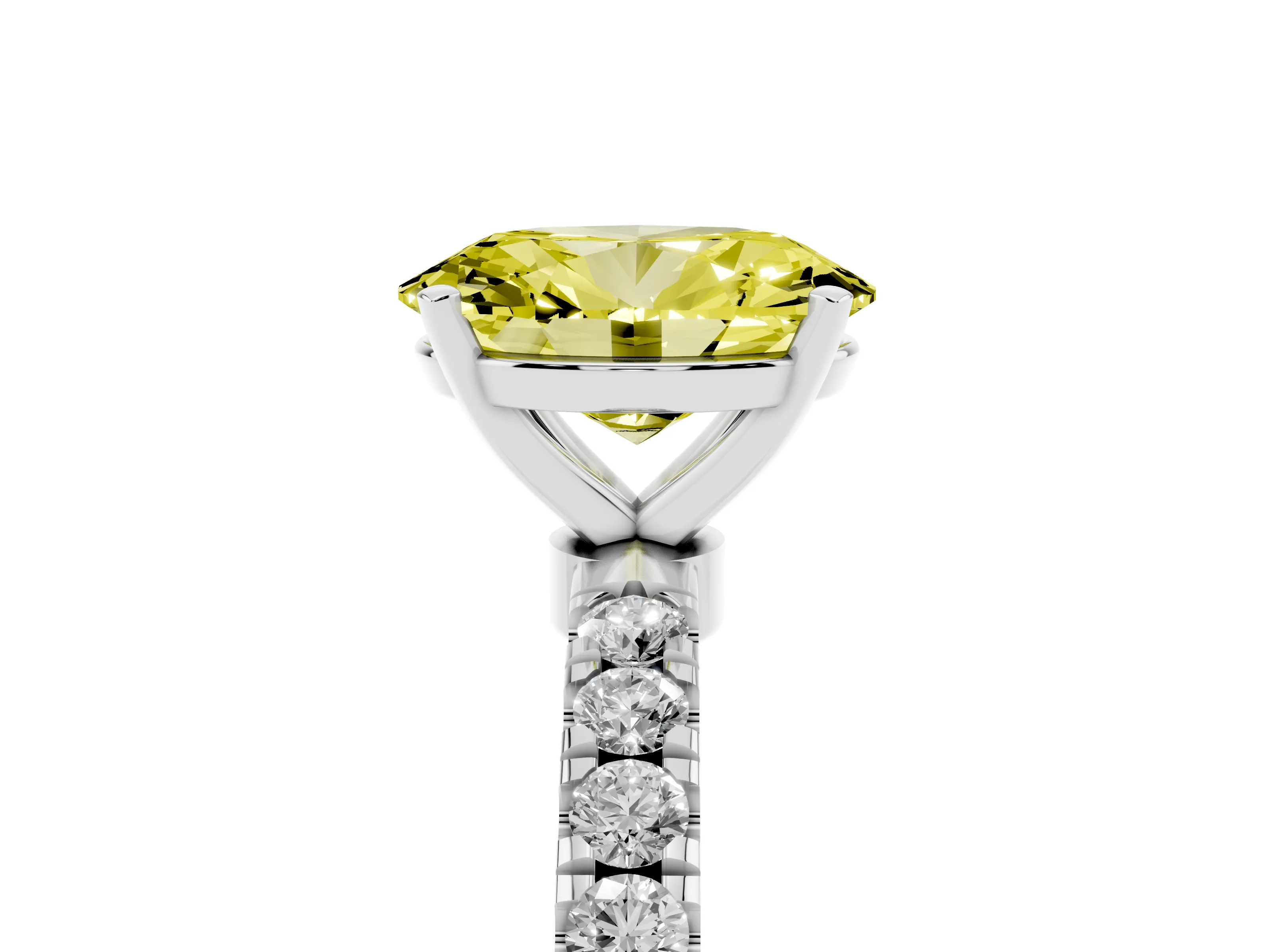Fancy Yellow Oval Cut Diamond Solitaire Ring Set in Platinum with Pavé Accents and Prong Setting