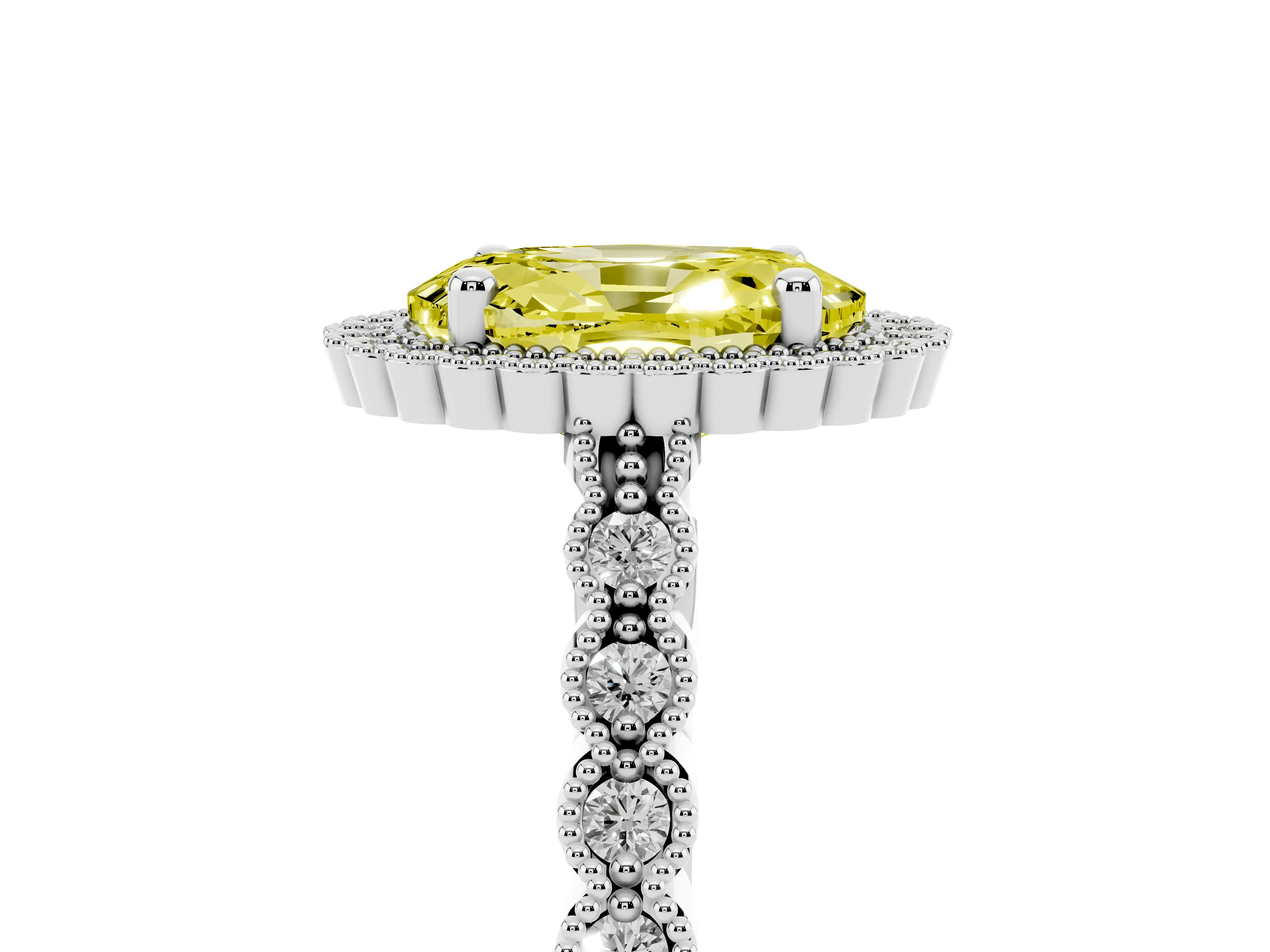 Fancy Yellow Oval Cut Diamond Halo Ring Set in Platinum with Pavé Milgrain Band