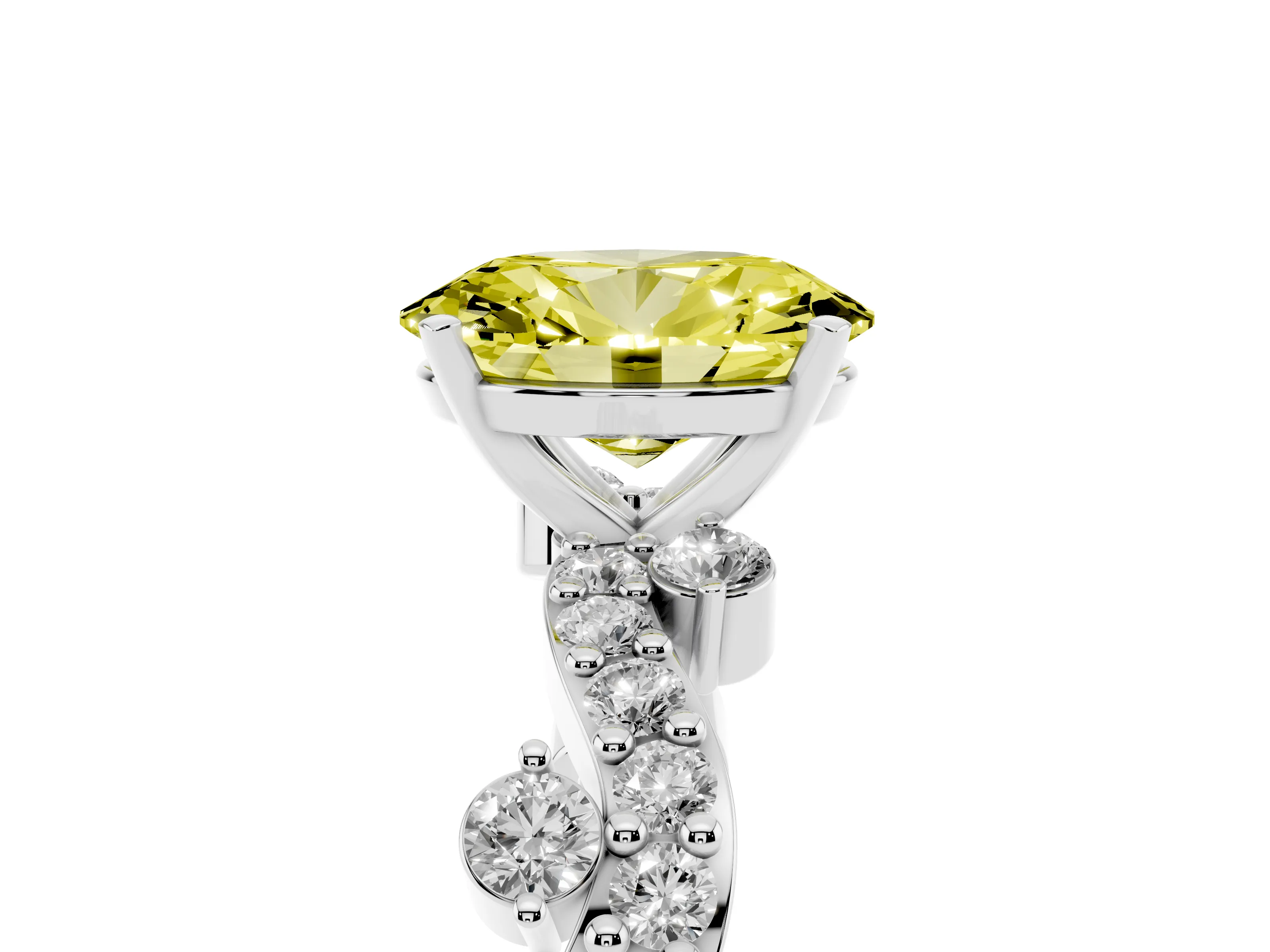 Fancy Yellow Oval Cut Diamond Solitaire Twisted Band Set in White gold with Pavé Setting
