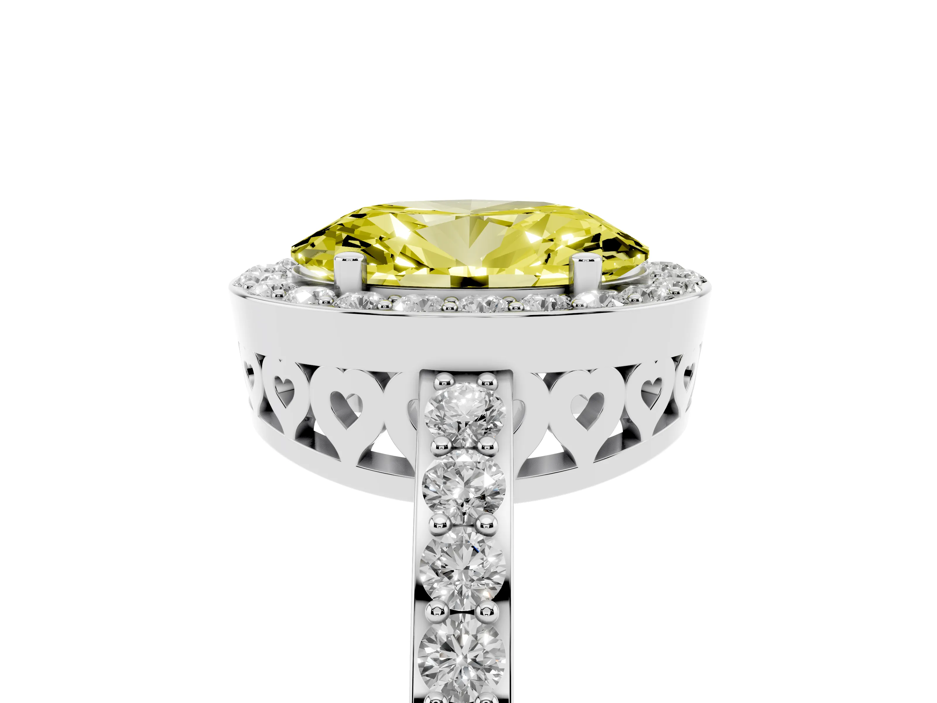 Fancy Yellow Oval Cut Diamond Halo Ring Set in White gold with Pavé-Setting Band and Open Prong Center