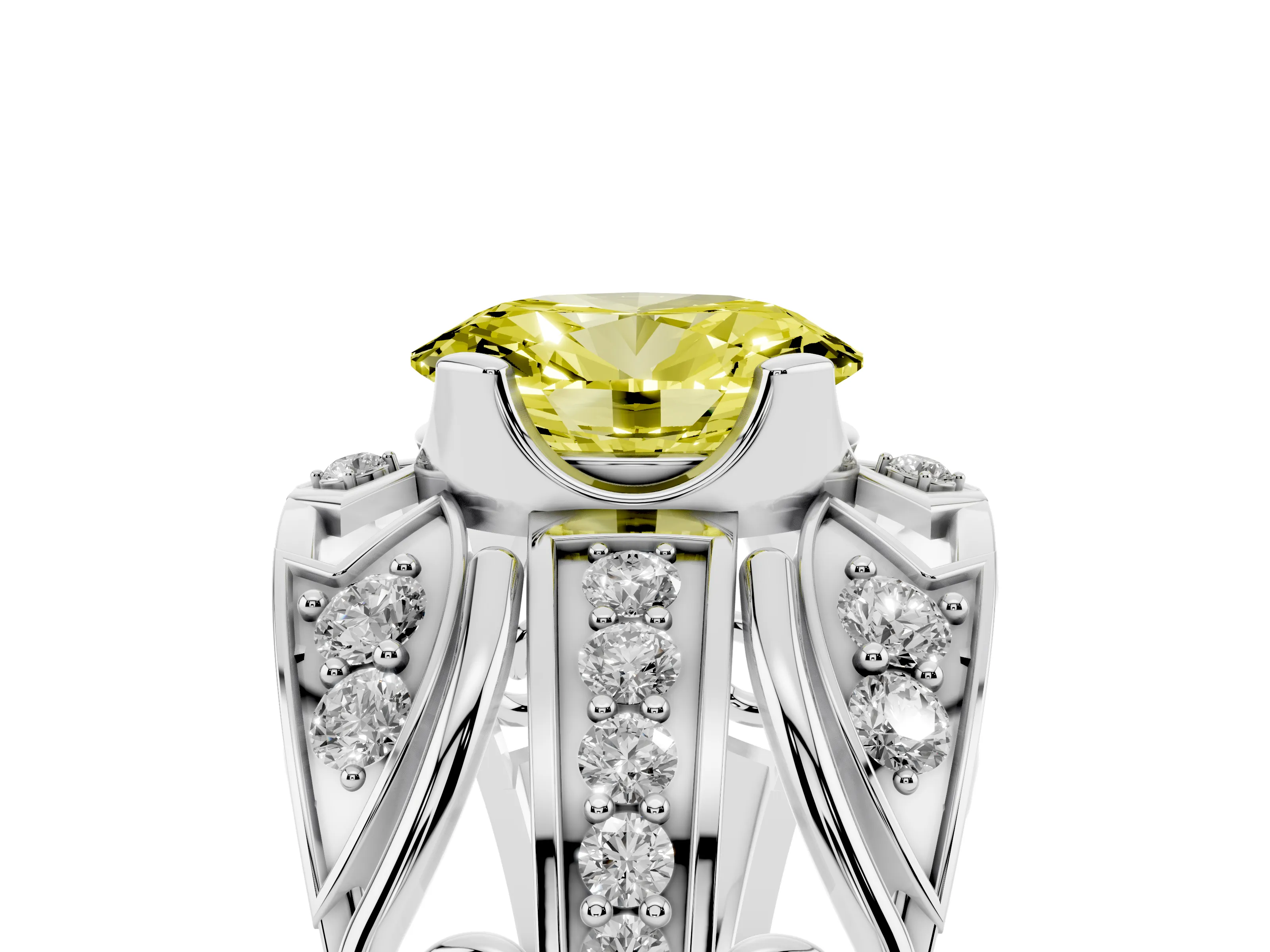 Fancy Yellow Oval Cut Diamond Art Deco Ring Set in Platinum with Pavé Split Shank