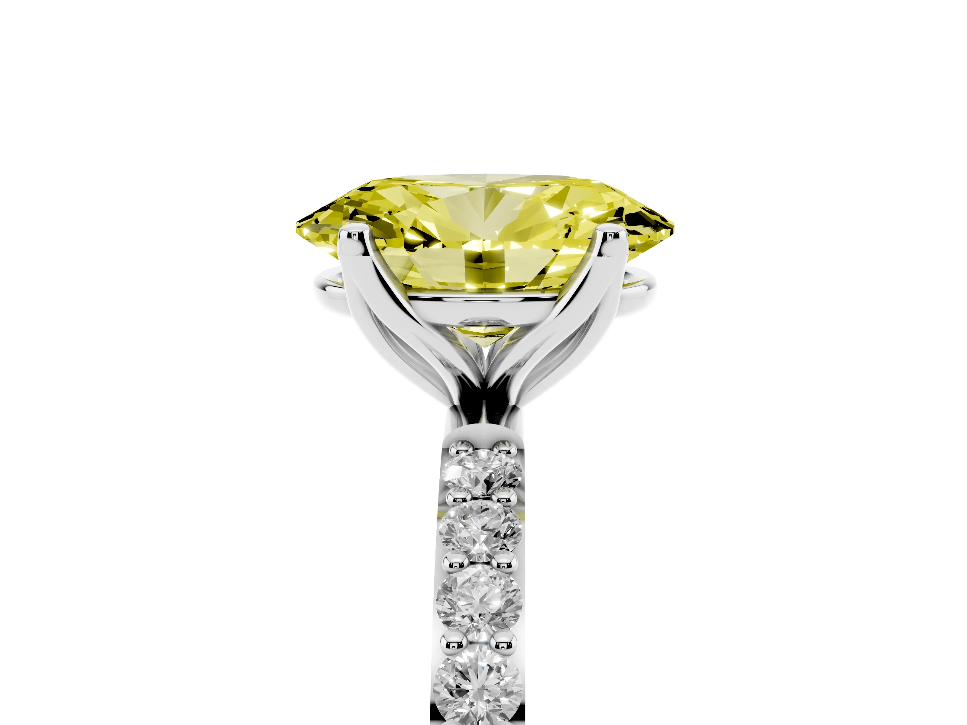 Fancy Yellow Oval Cut Diamond Solitaire Engagement Ring Set in Platinum with Round Pavé Band and Prong Setting