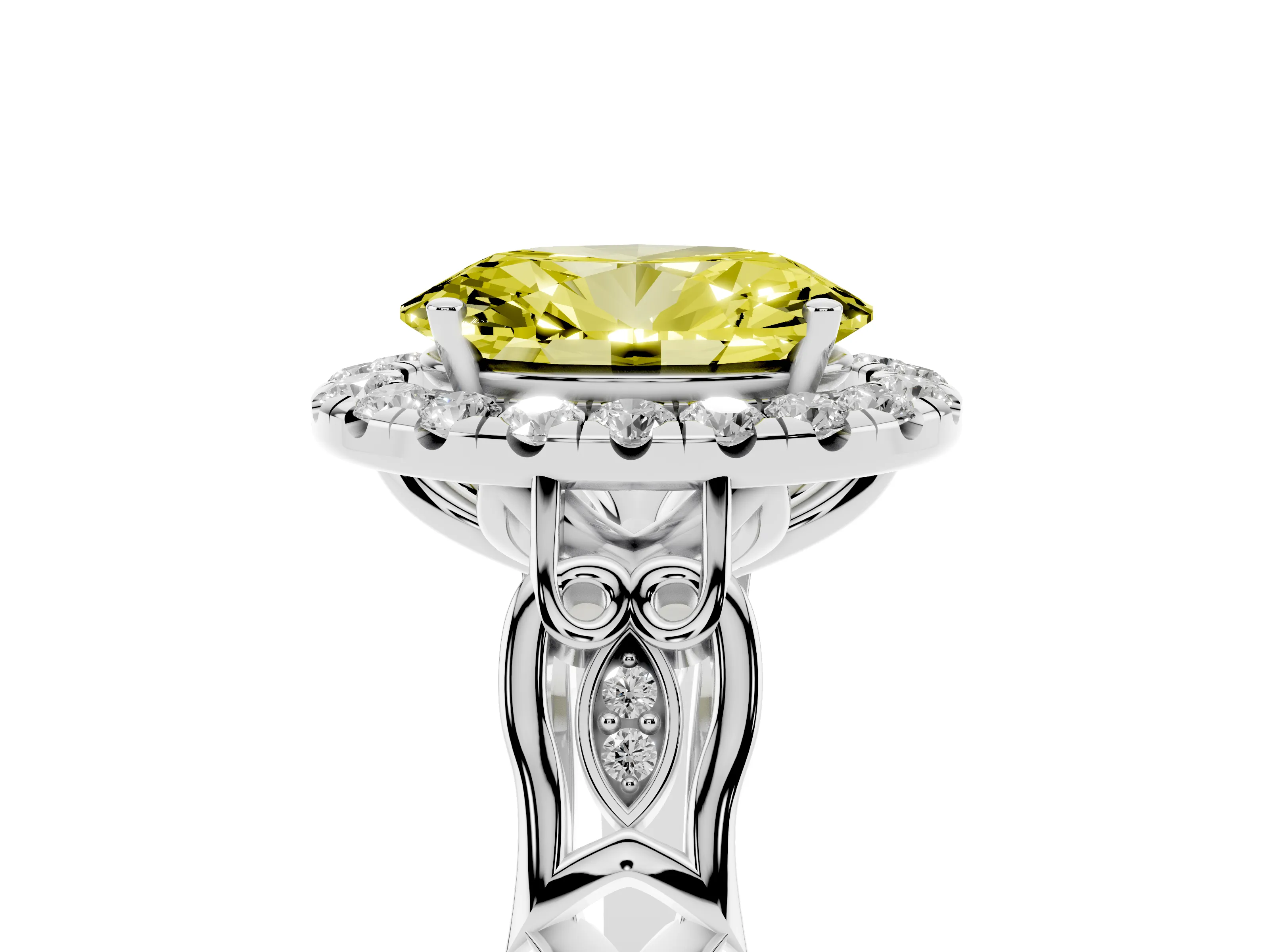 Fancy Yellow Oval Cut Diamond Halo Engagement Ring Set in Platinum with Filigree Band and Prong-Set Center