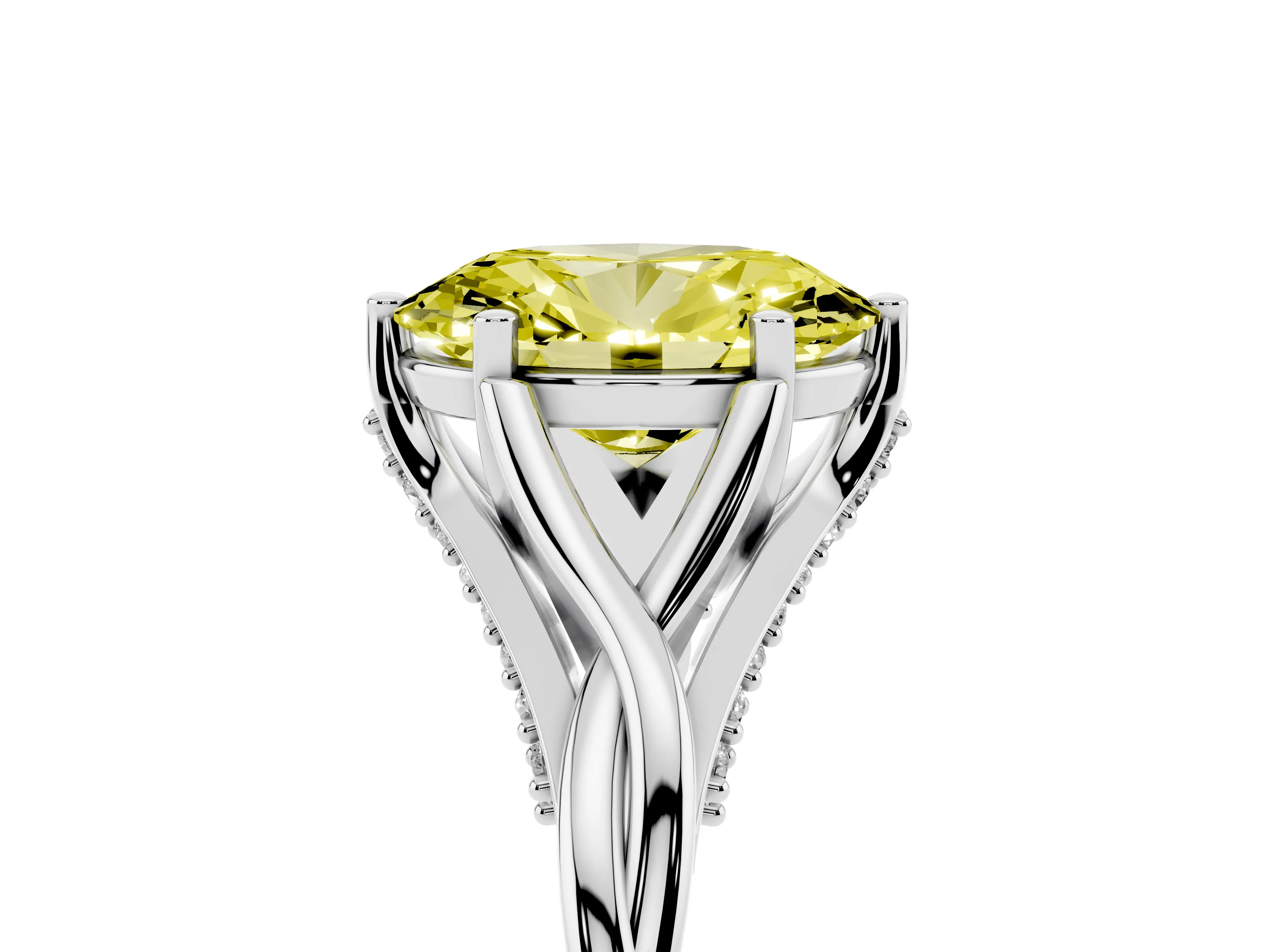 Fancy Yellow Oval Cut Diamond Intertwined Twist Band Solitaire Ring Set in White gold with Prong Setting