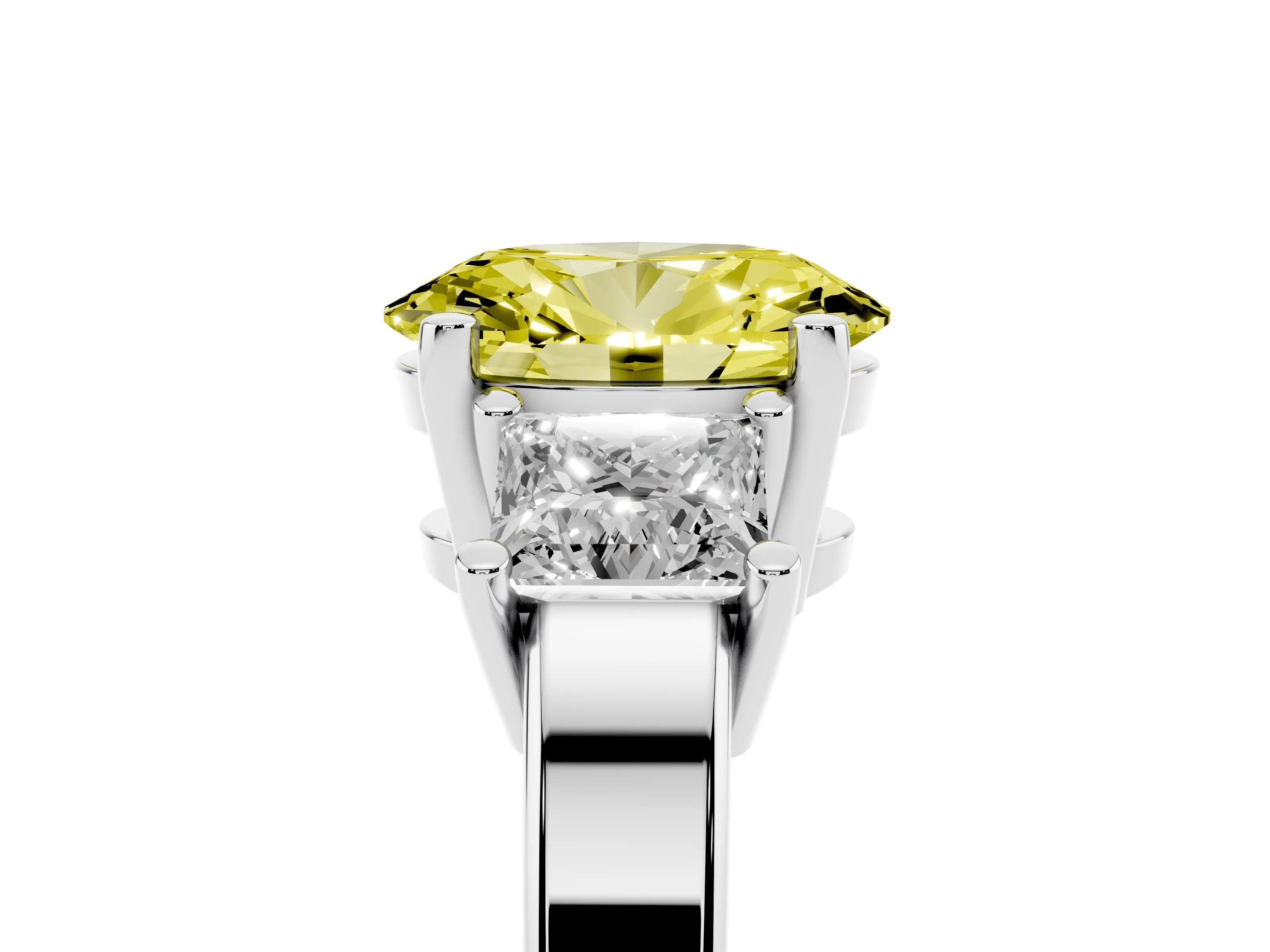 Fancy Yellow Three-Stone Oval Cut Diamond Solitaire Ring Set in Platinum with Prong Setting