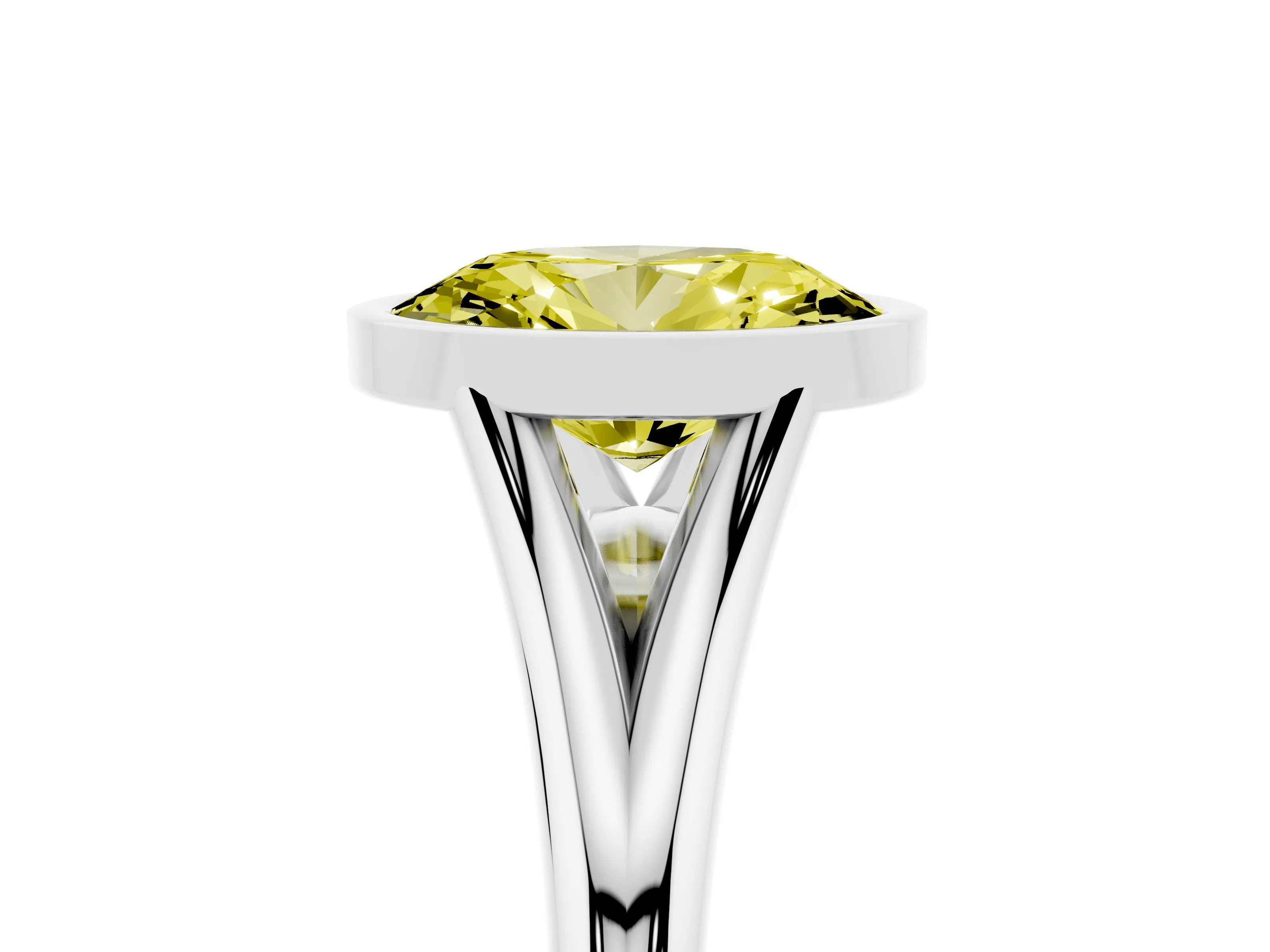 Fancy Yellow Bezel Set Oval Cut Diamond Solitaire Ring Set in Platinum with Tapered Band