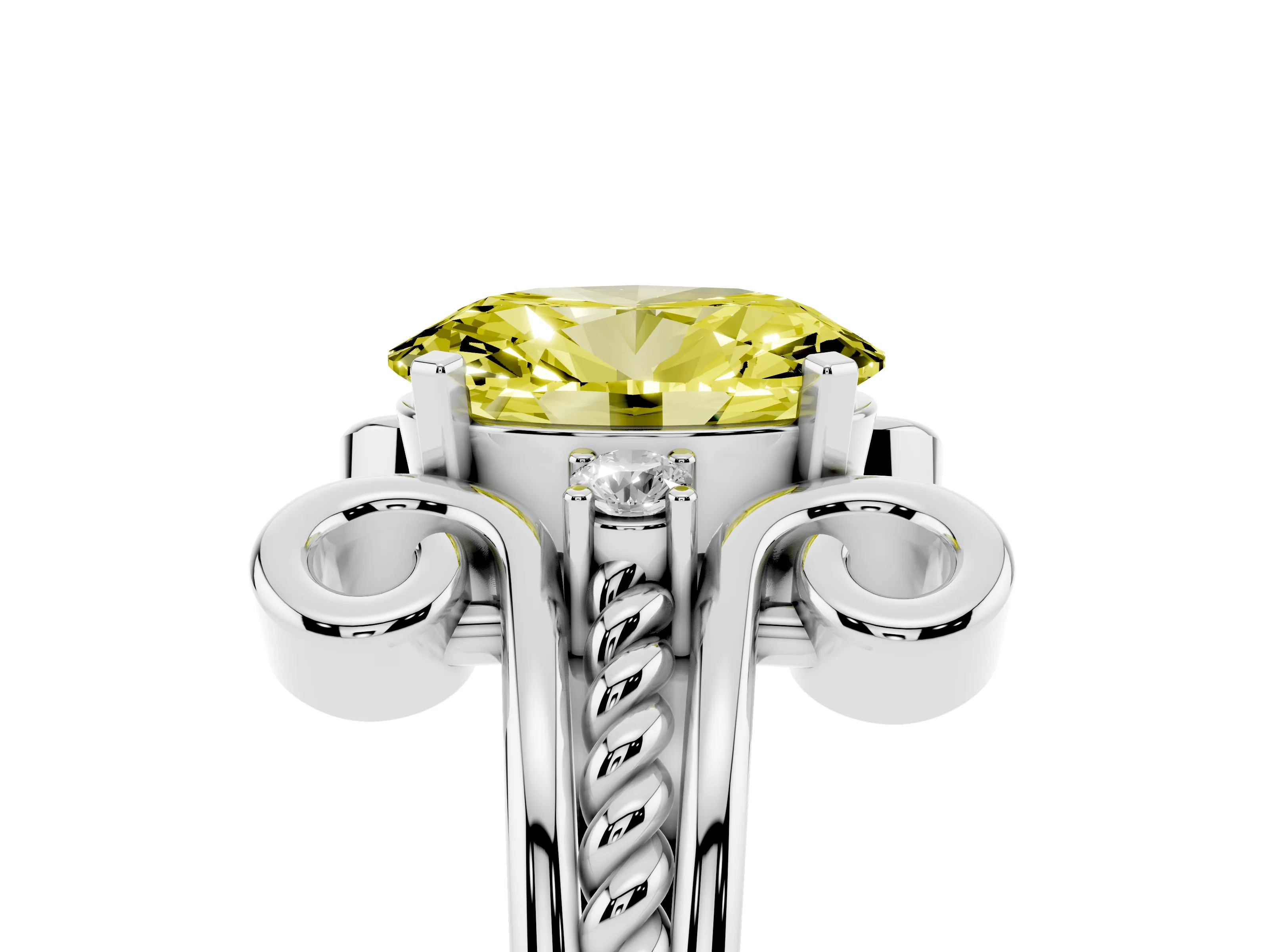 Fancy Yellow Oval Cut Diamond Twisted Band Solitaire Ring Set in Platinum with Scroll Prongs