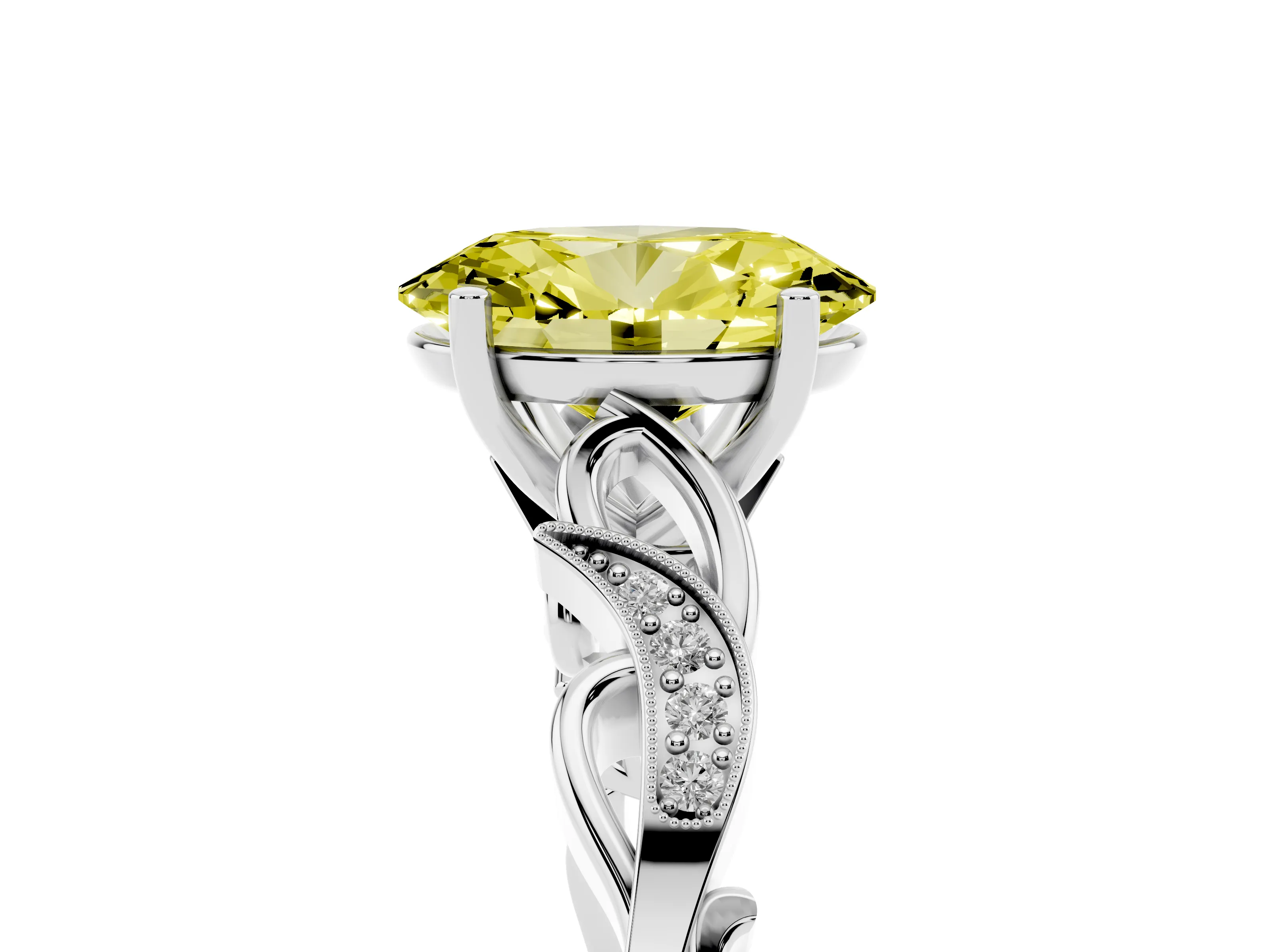 Fancy Yellow Oval Cut Diamond Vine Band Solitaire Ring Set in White gold with Milgrain Prong Setting