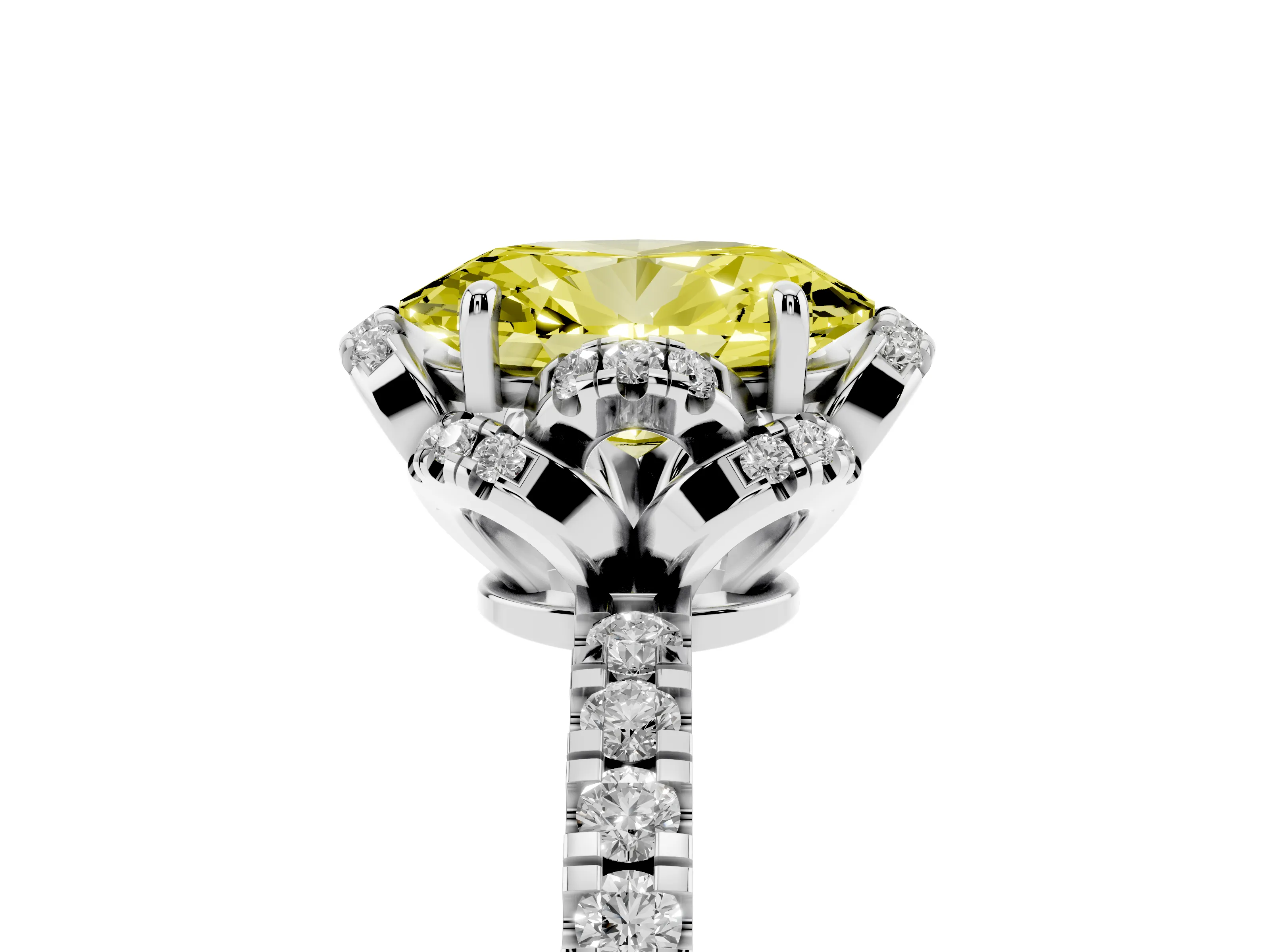 Fancy Yellow Oval Cut Diamond Halo Pavé Band Ring Set in White gold with Prong-Held Center