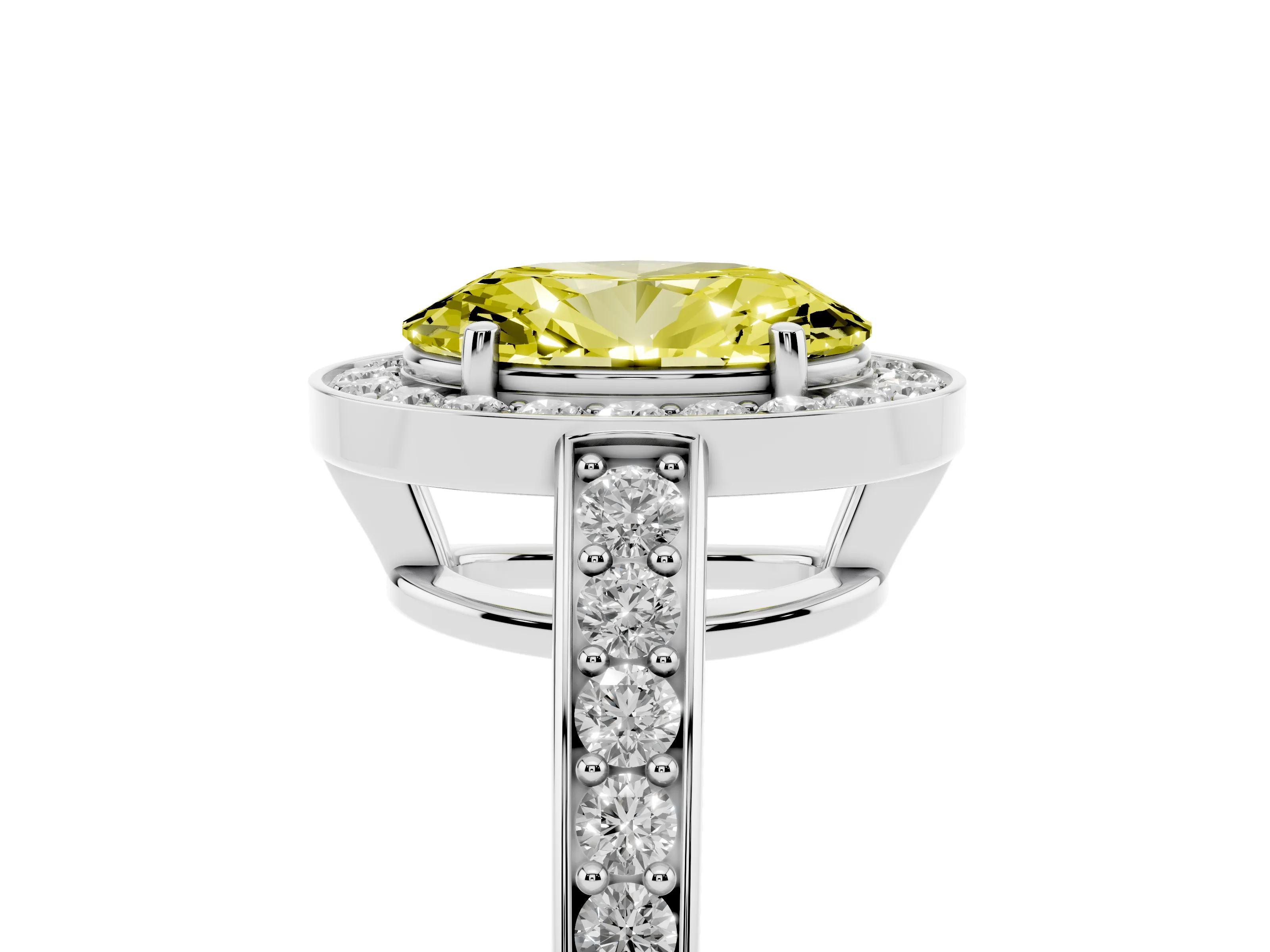 Fancy Yellow Oval Cut Diamond Halo Pavé Engagement Ring Set in Silver with Bezel Setting