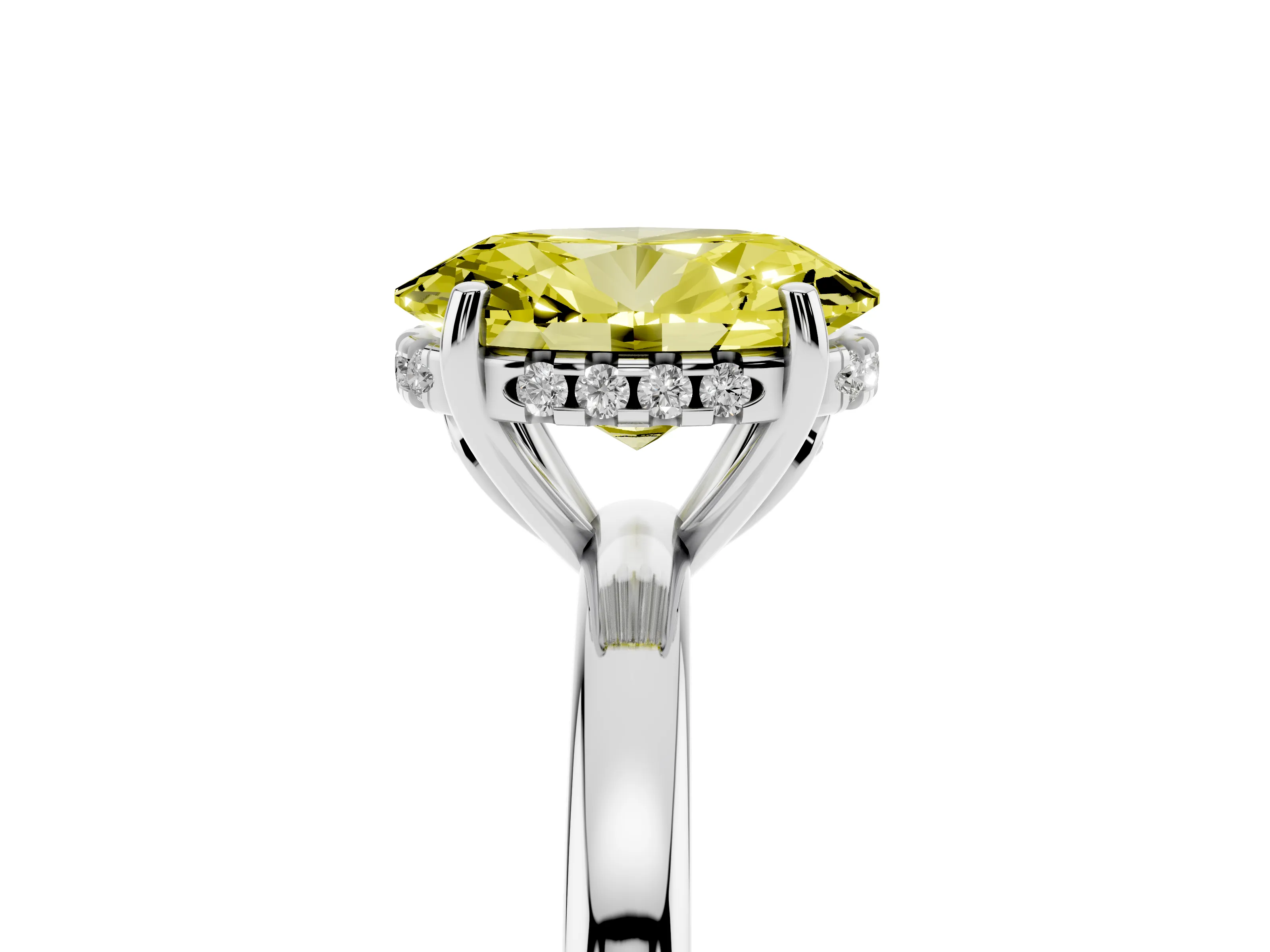 Fancy Yellow Oval Cut Diamond Solitaire Ring Set in Silver with Plain Band and Prong Setting