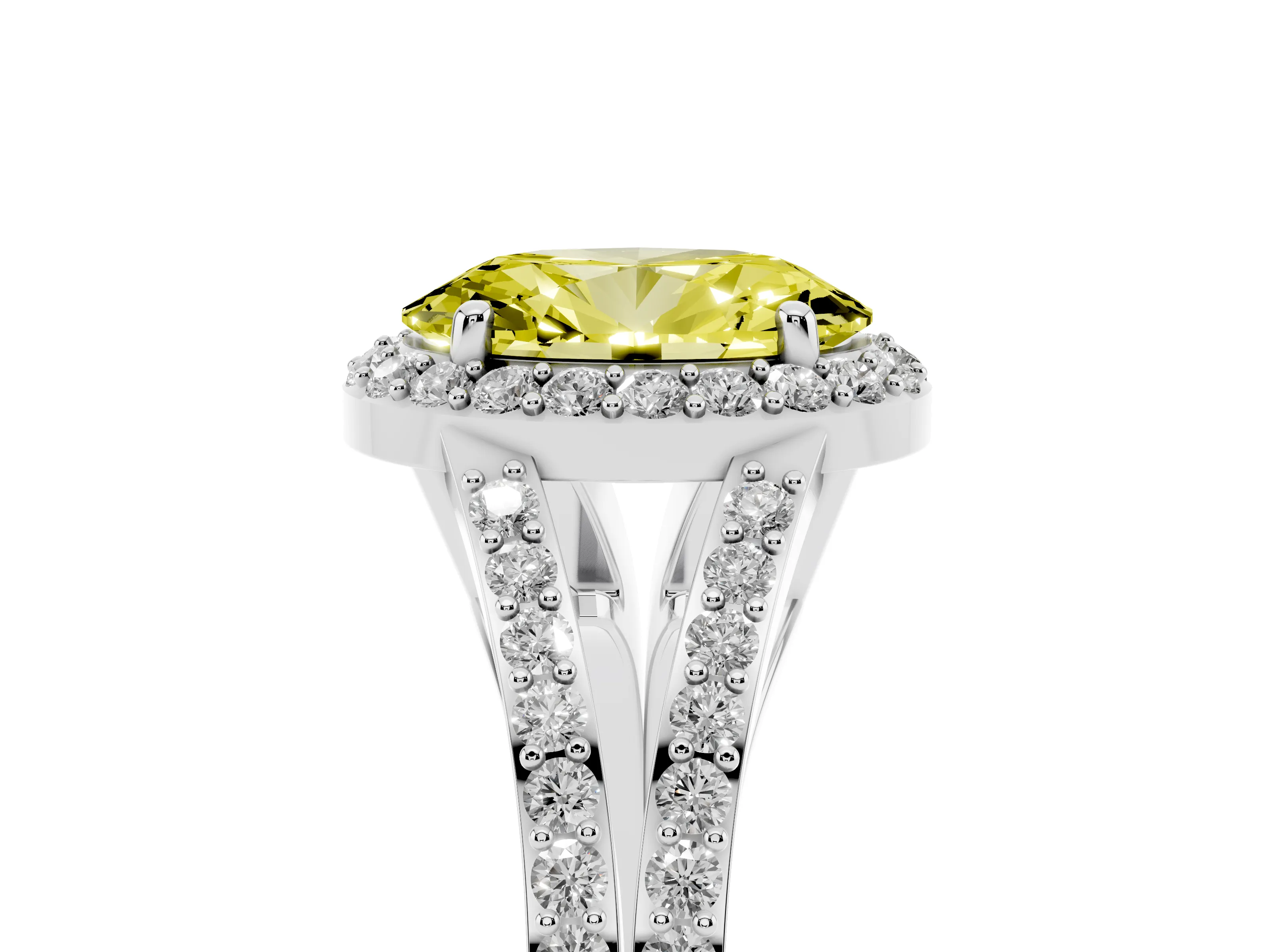 Fancy Yellow Oval Cut Diamond Halo Split Shank Ring Set in White gold with Accent Stones and Prong Setting