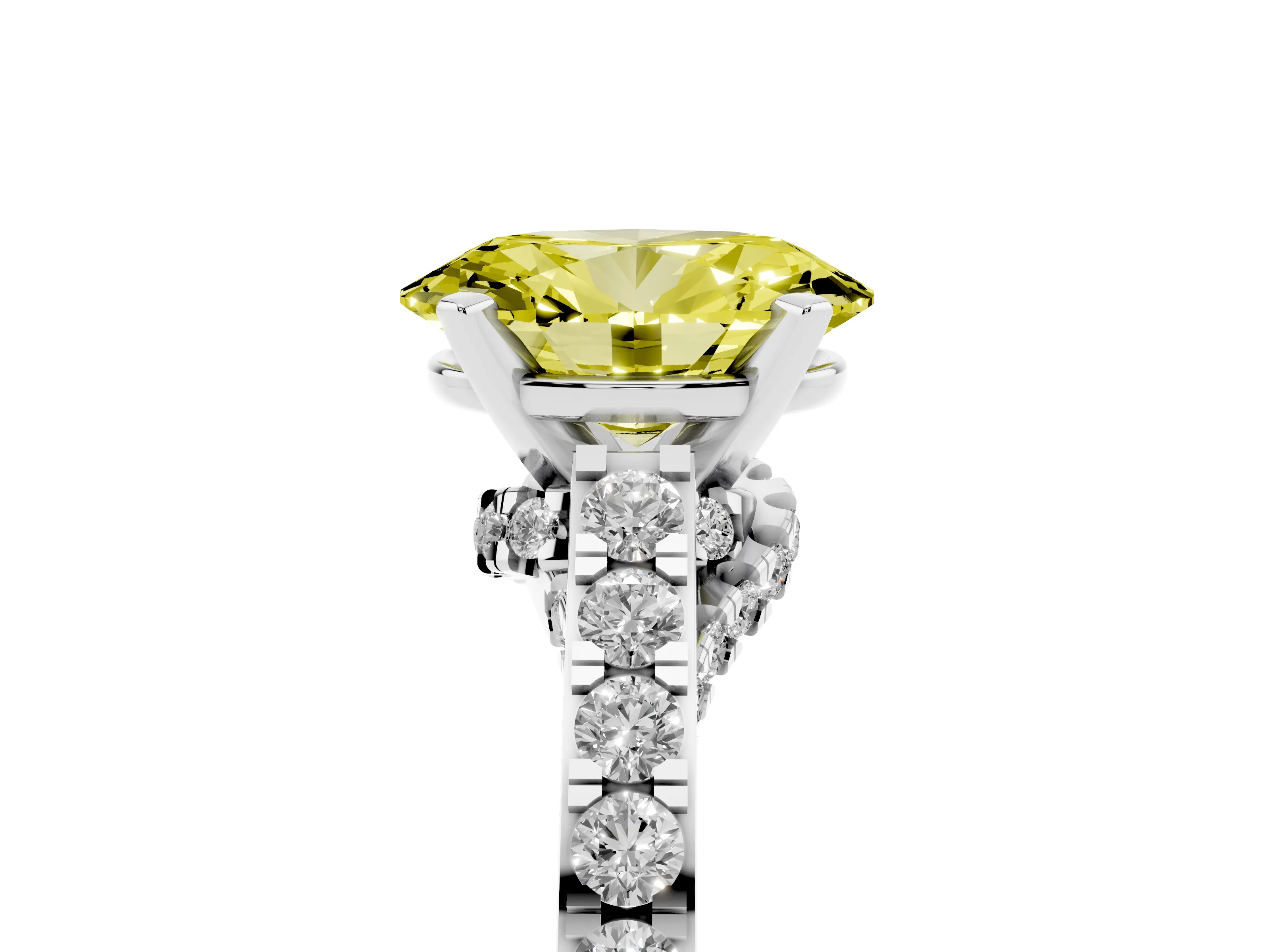 Fancy Yellow Oval Cut Diamond Solitaire Ring Set in White gold with Crossover Gallery and Round Pavé Band