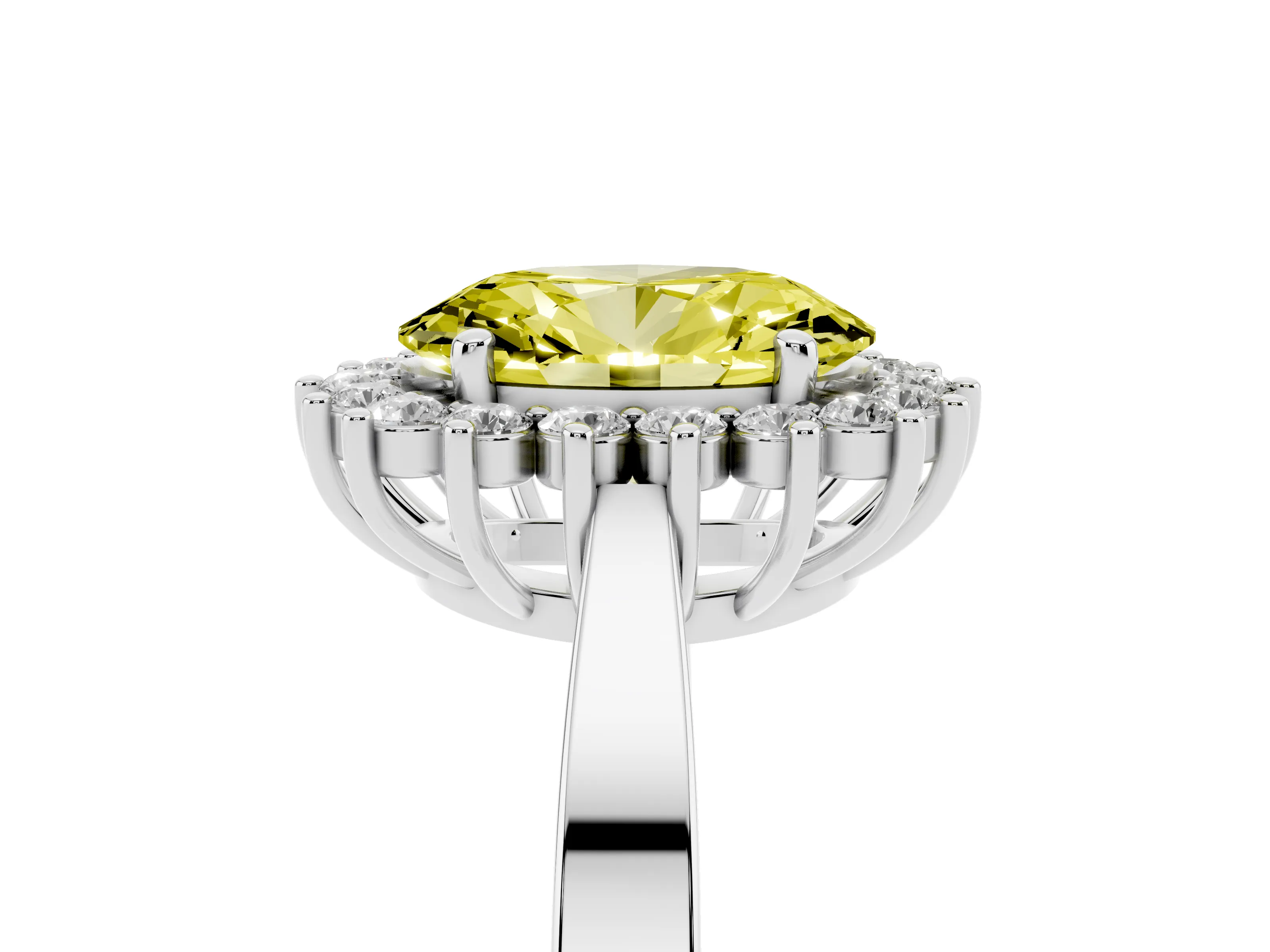 Fancy Yellow Oval Cut Diamond Halo Ring Set in White gold with Round Halo and Smooth Solitaire Band