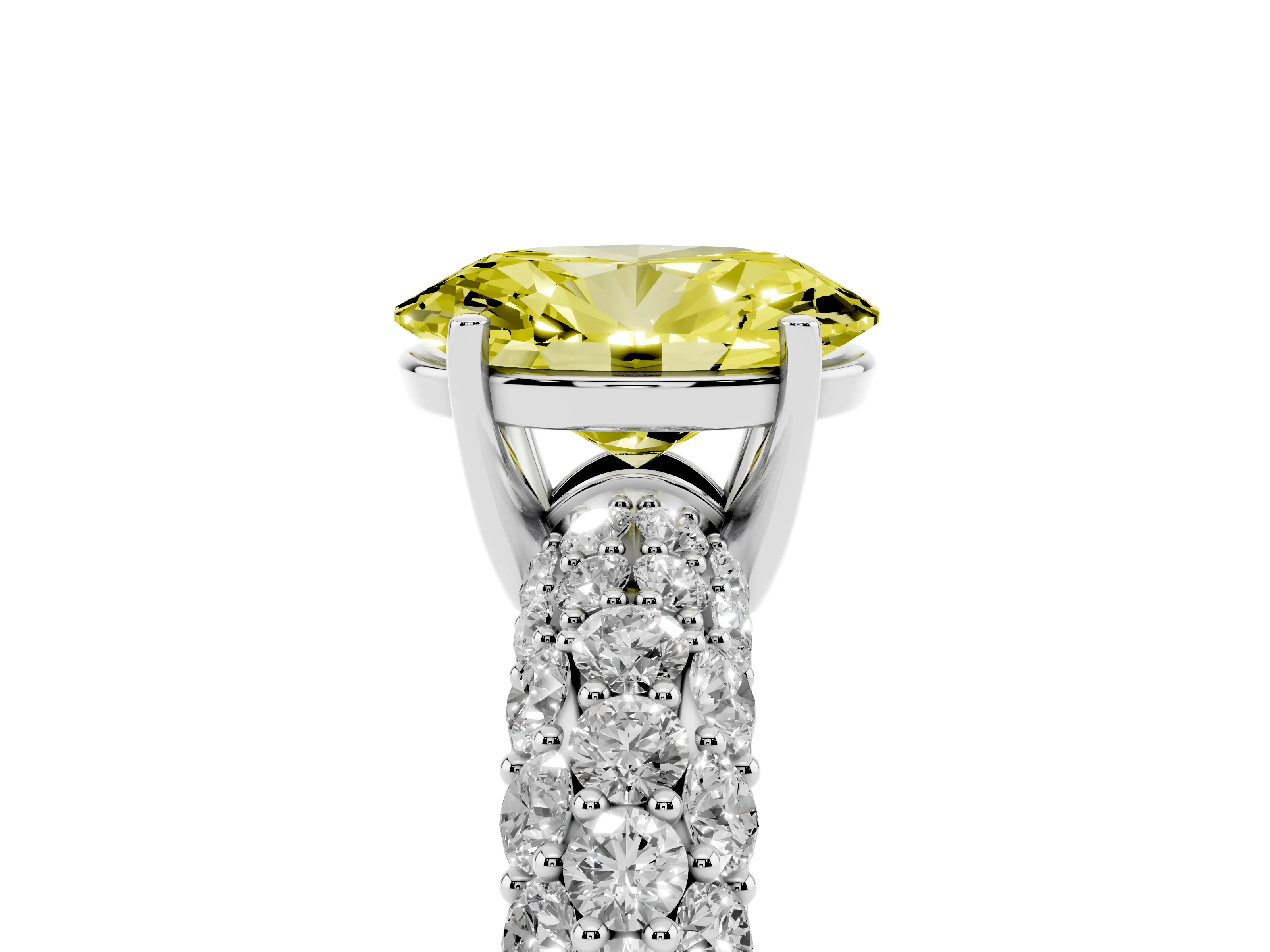 Fancy Yellow Oval Cut Diamond Pavé Band Solitaire Ring Set in White gold with Close-Set Accent Stones and Prong Setting