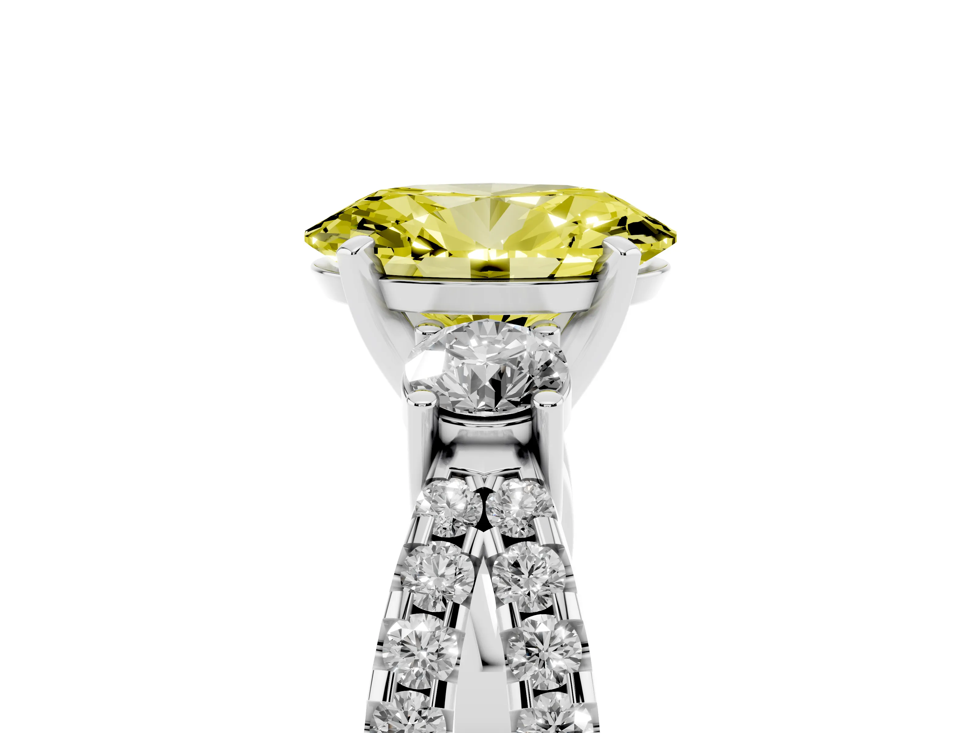 Fancy Yellow Oval Cut Diamond Three-Stone Ring Set in White gold with Pavé Split Shank and Prong Setting