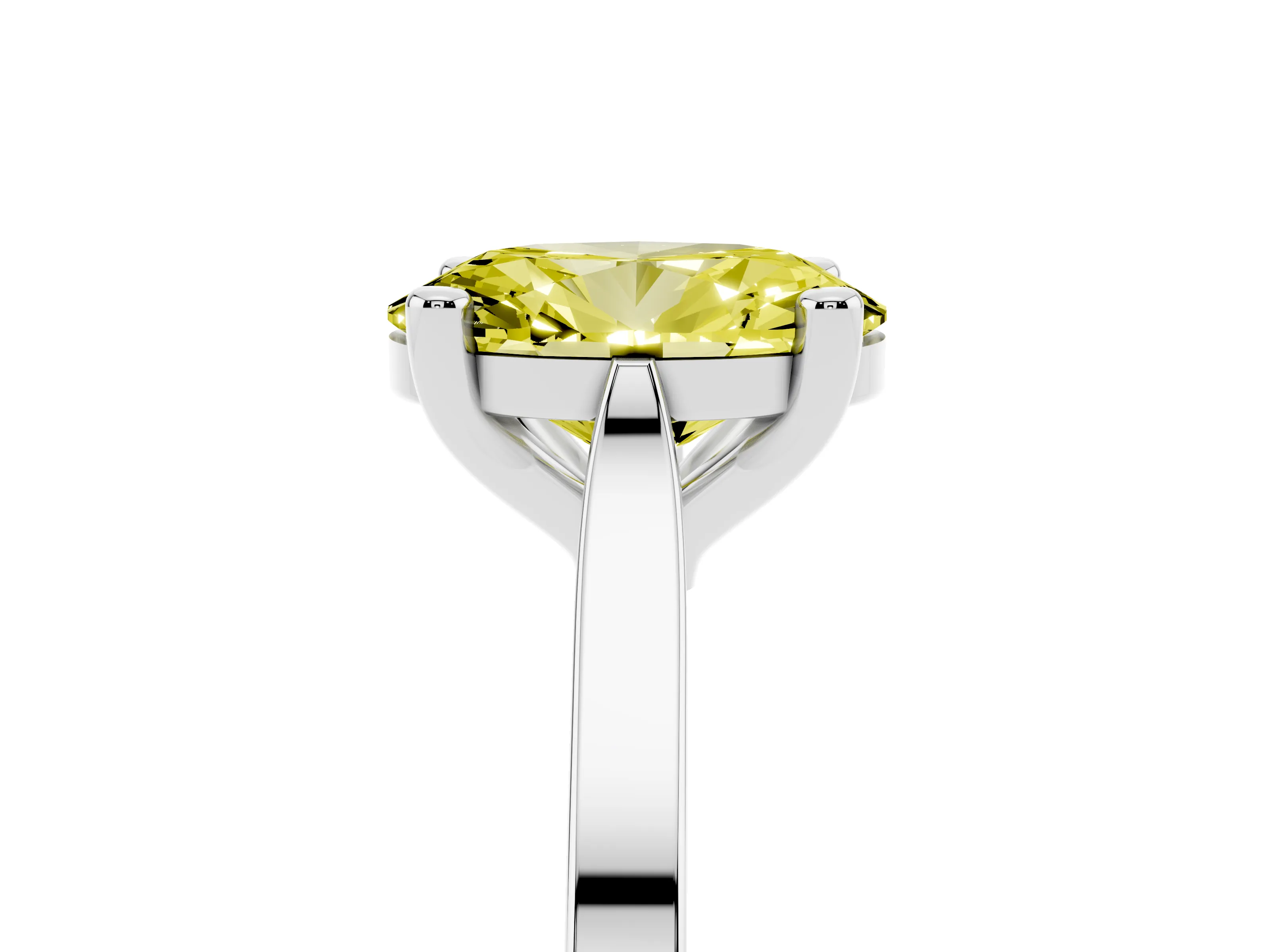 Fancy Yellow Oval Cut Diamond Solitaire Ring Set in Platinum with Prong Setting and Tapered Band