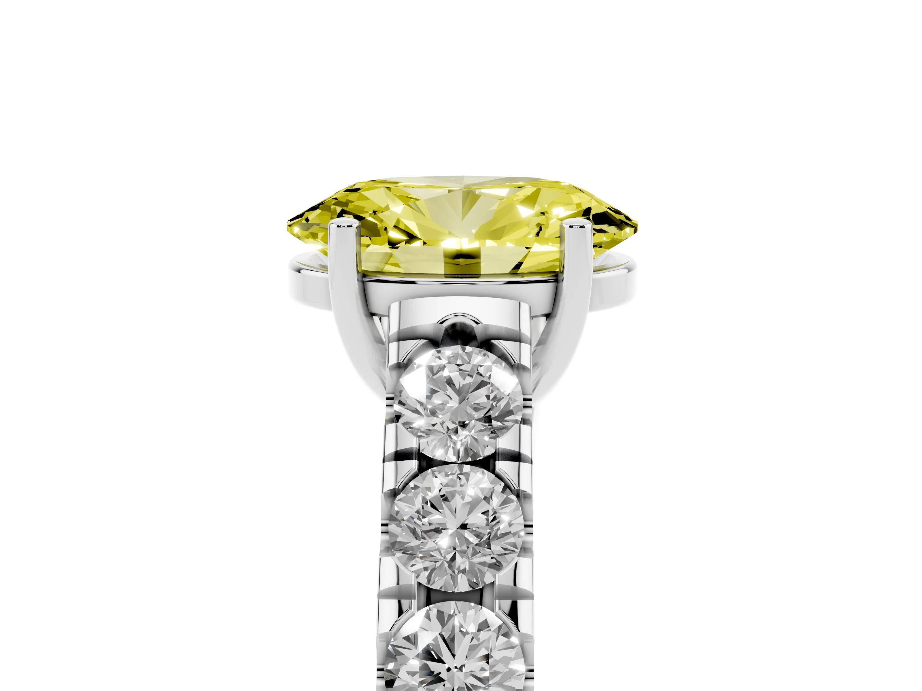 Fancy Yellow Oval Cut Diamond Solitaire Ring Set in Platinum with Cut-Down Micro Pavé Band and Prong Setting