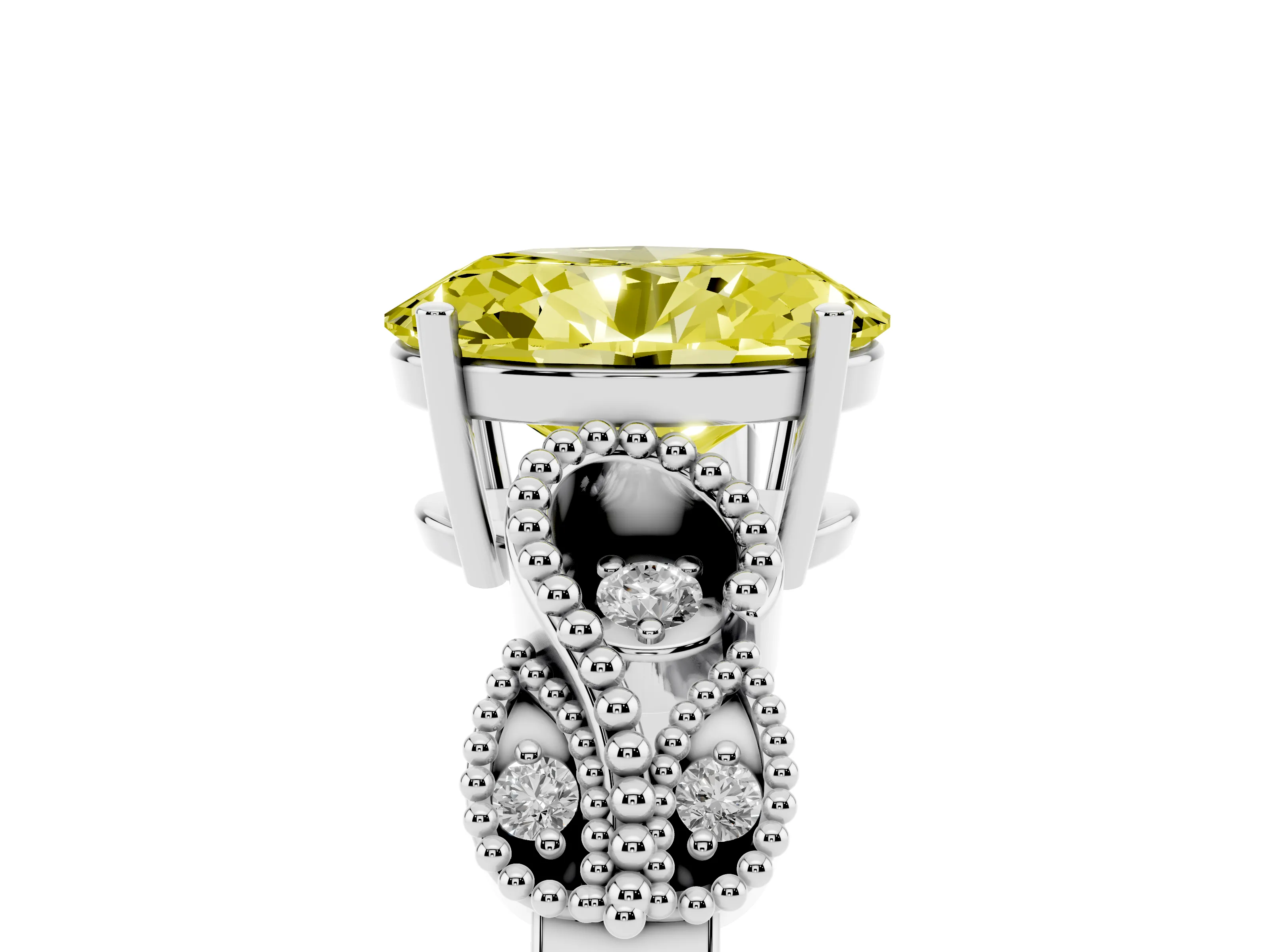Fancy Yellow Oval Cut Diamond Milgrain Leaf Band Solitaire Ring Set in White gold with Accent Stones and Prong Setting