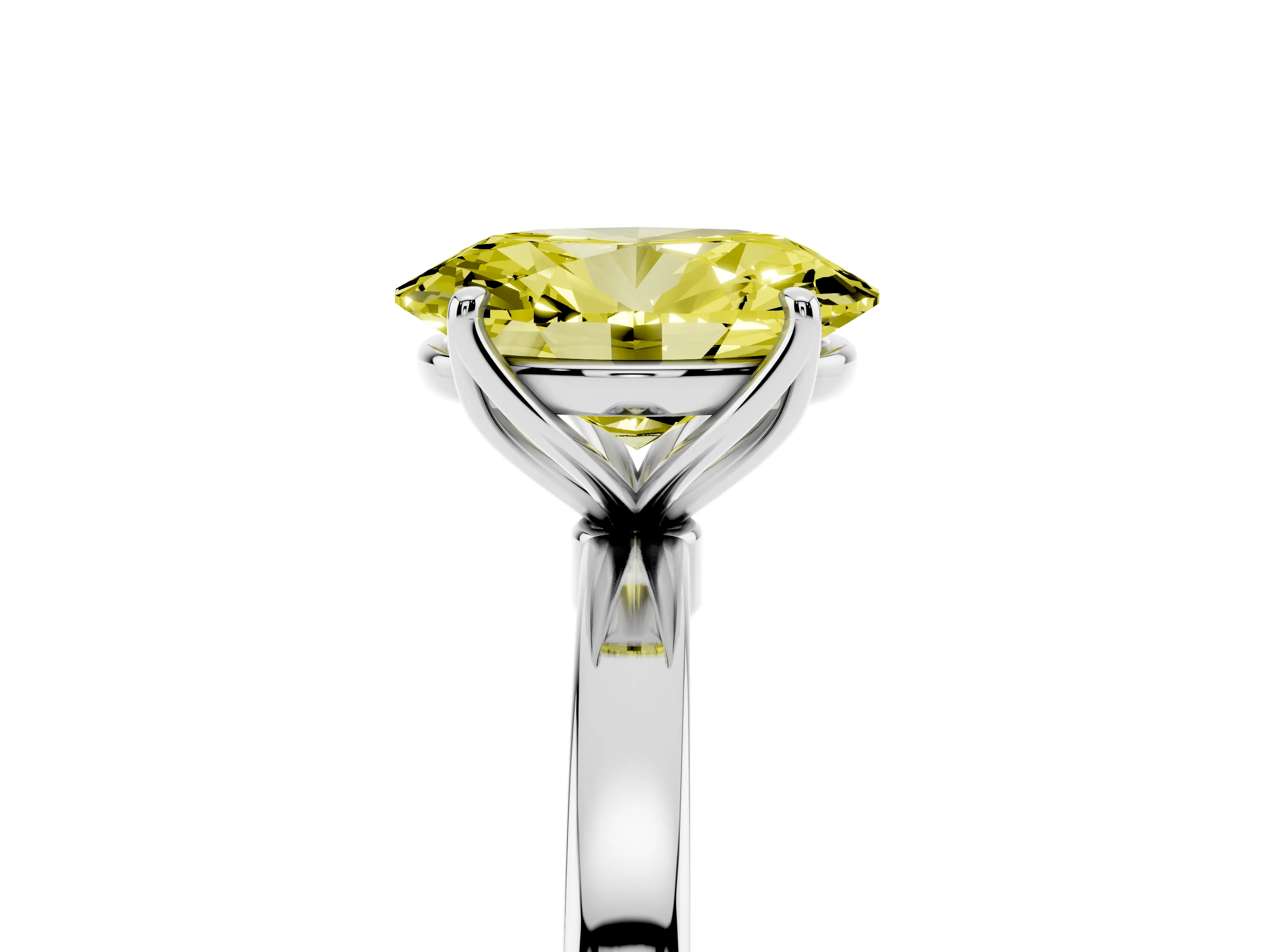 Fancy Yellow Oval Cut Diamond Solitaire Ring Set in White gold with Prong Setting and Thin Polished Band
