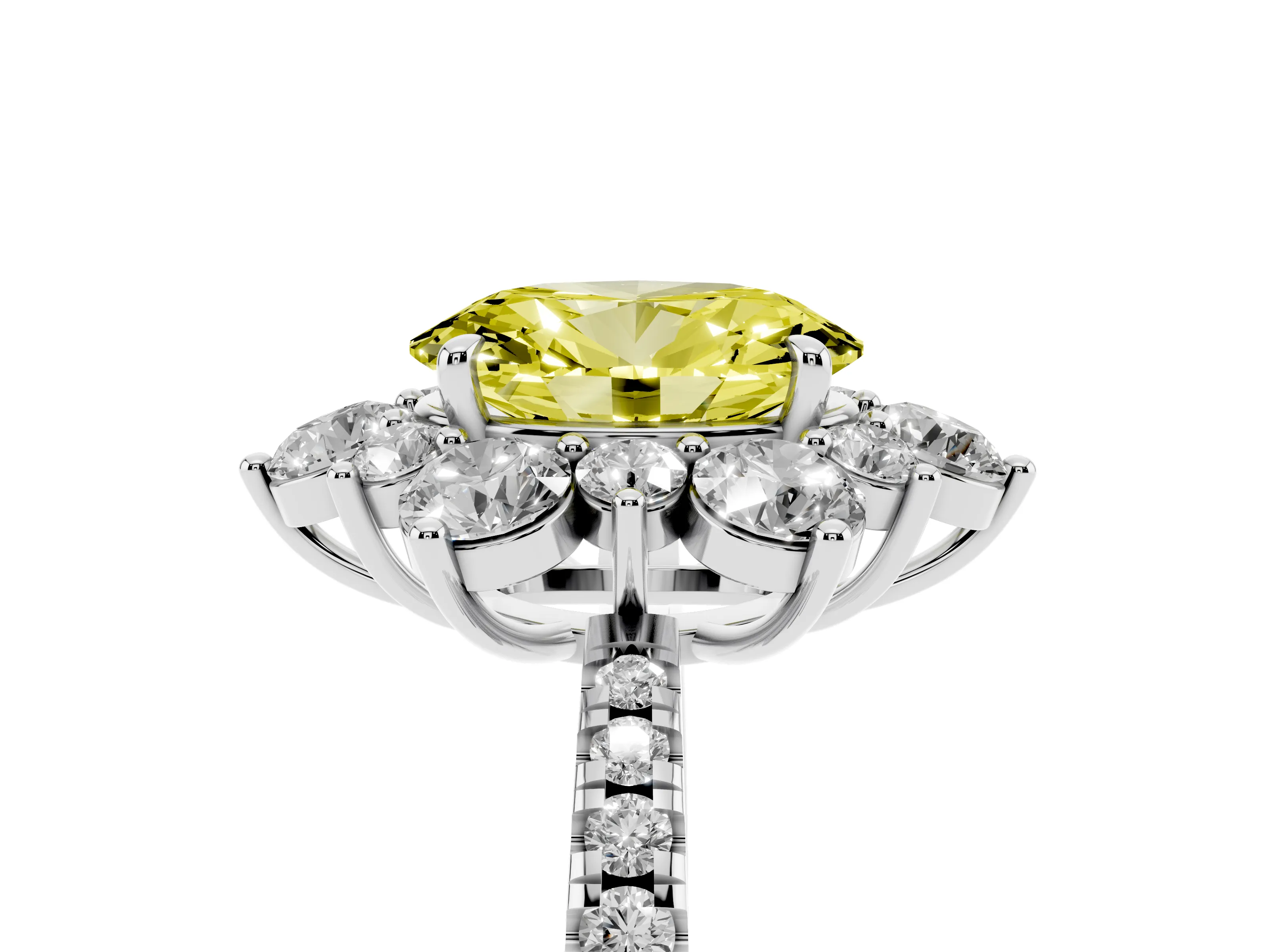 Fancy Yellow Oval Cut Diamond Floral Halo Ring Set in Platinum with Round Pavé Band and Prong Setting