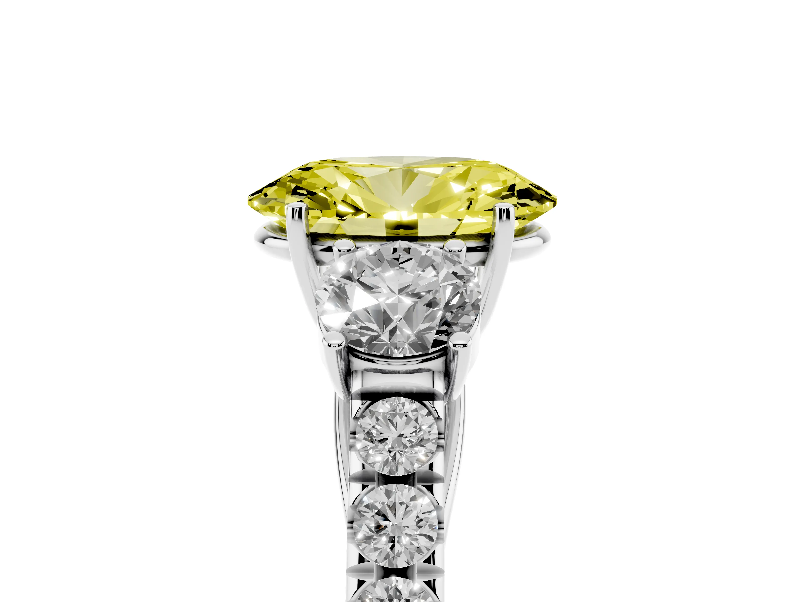 Fancy Yellow Oval Cut Diamond Three-Stone Ring Set in Silver with Round Side Stones and Delicate Pavé Band