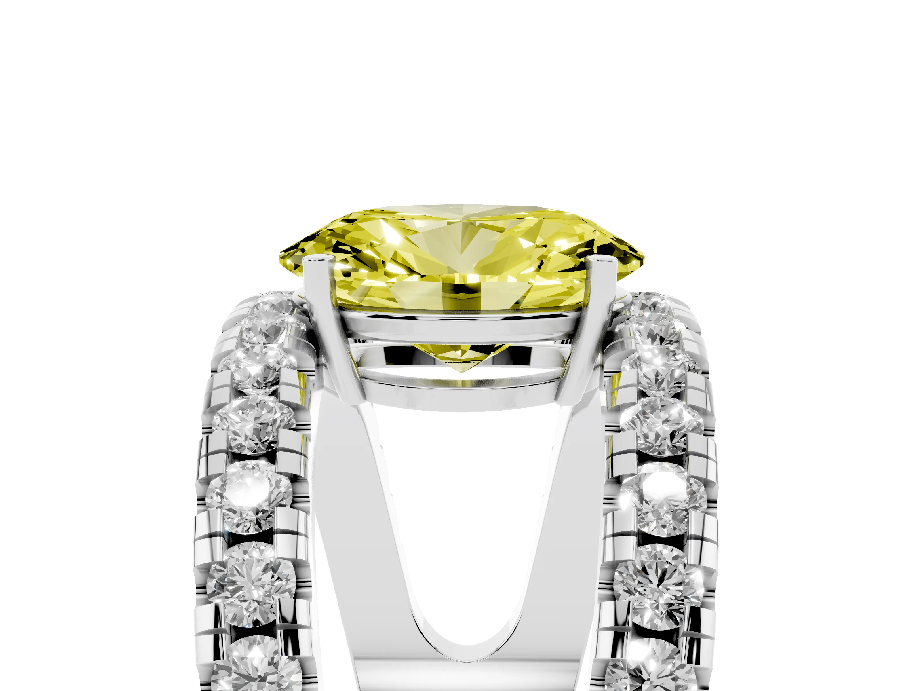 Fancy Yellow Oval Cut Diamond Split Shank Pavé Solitaire Ring Set in Platinum with Open Shank Design