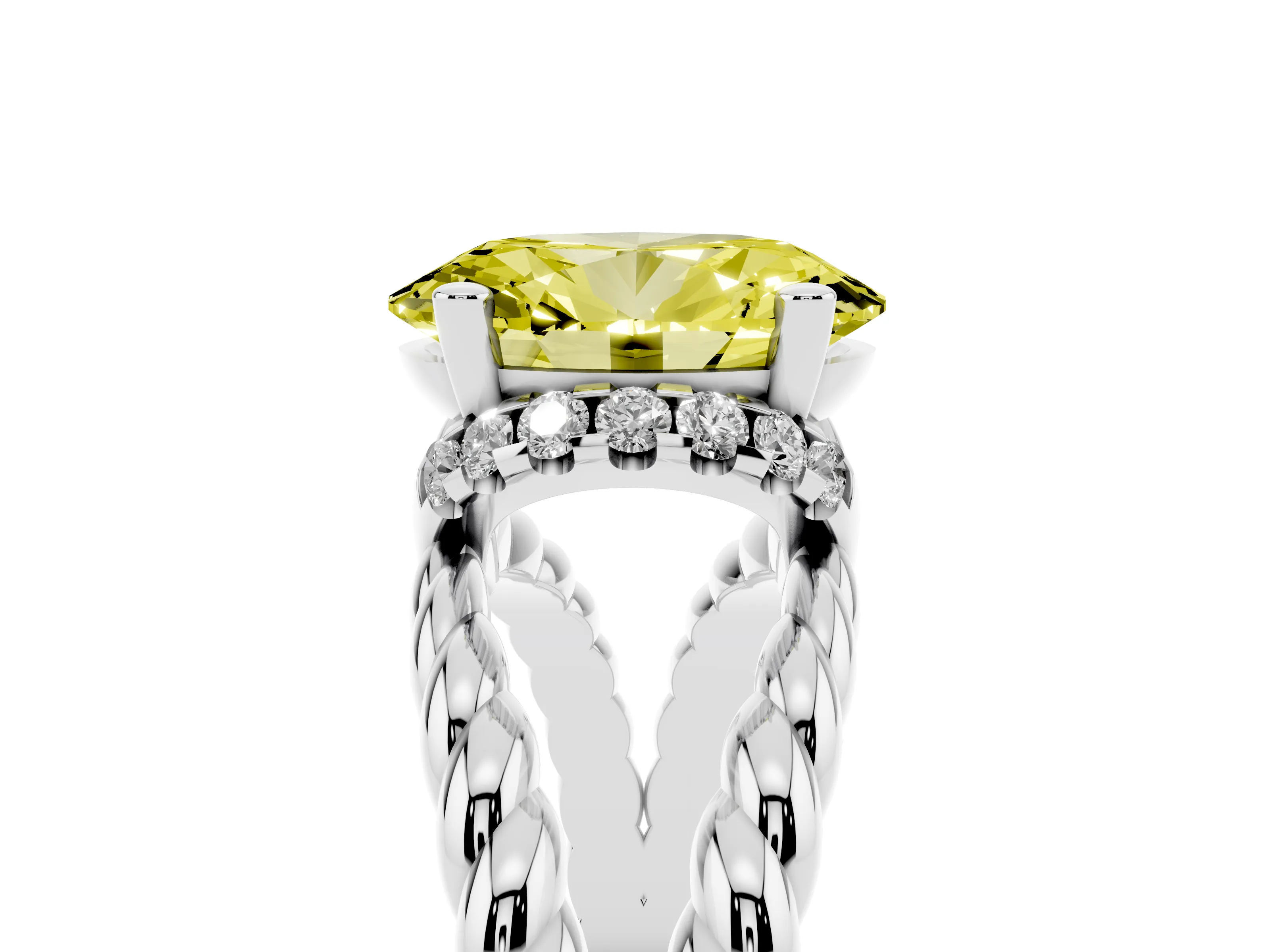 Fancy Yellow Oval Cut Diamond Halo Ring Set in Platinum with Twisted Band and Prong Setting